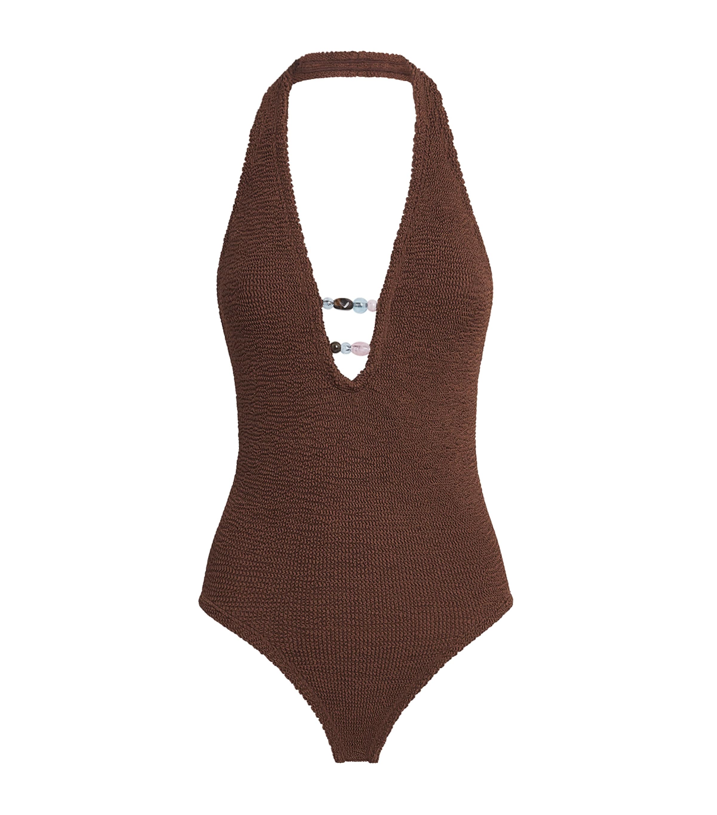Hunza G Womens Beaded Halterneck Adriana Swimsuit Metallic Chocolate Image 1