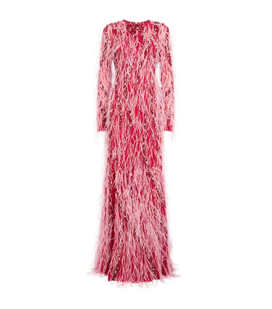 rachel gilbert pink feather dress Rent Rachel Gilbert Pink Xanthy Feather-Trimmed Gown