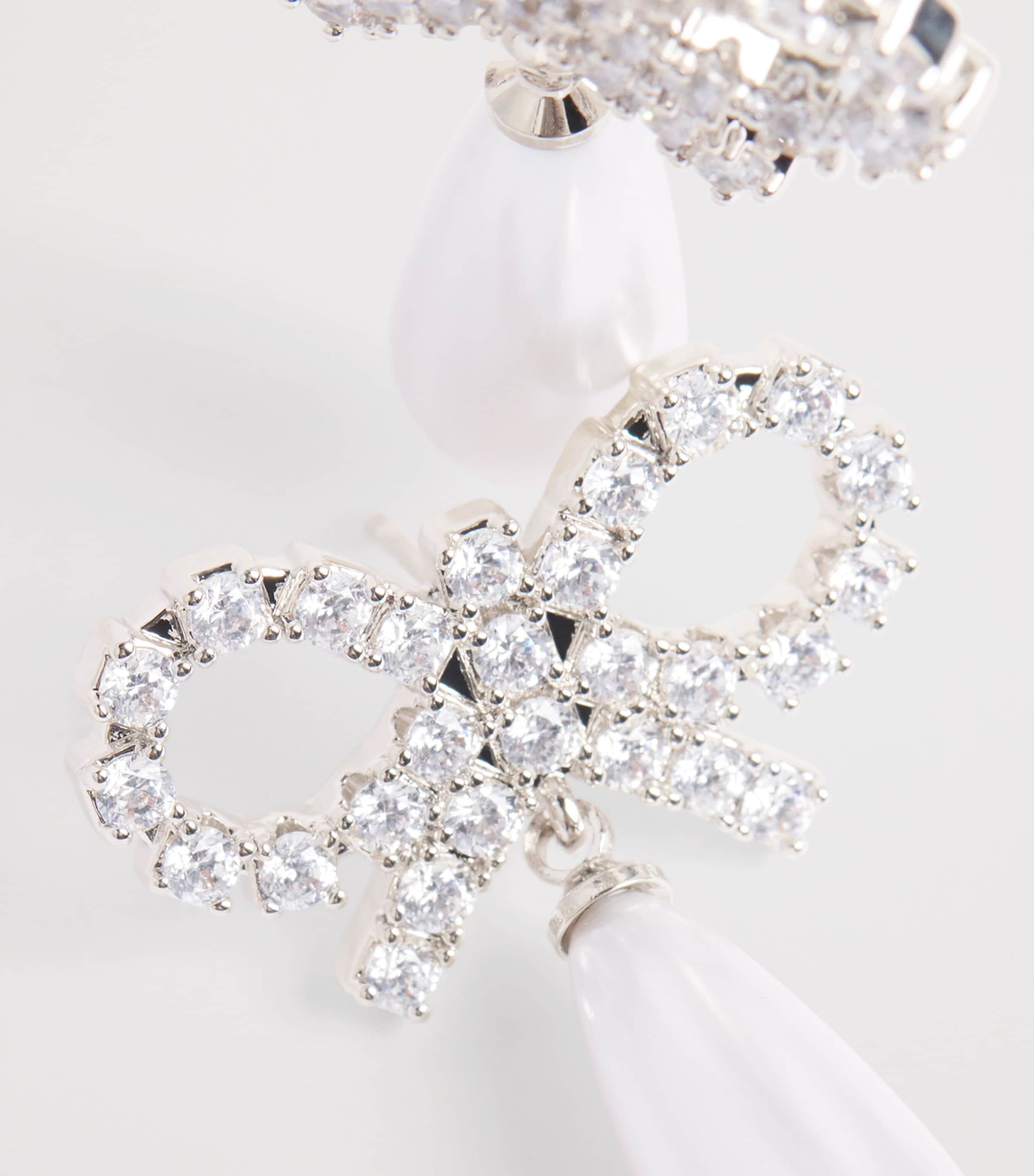 Crystal and Faux Pearl Bow Drop Earrings PEARL Image 5