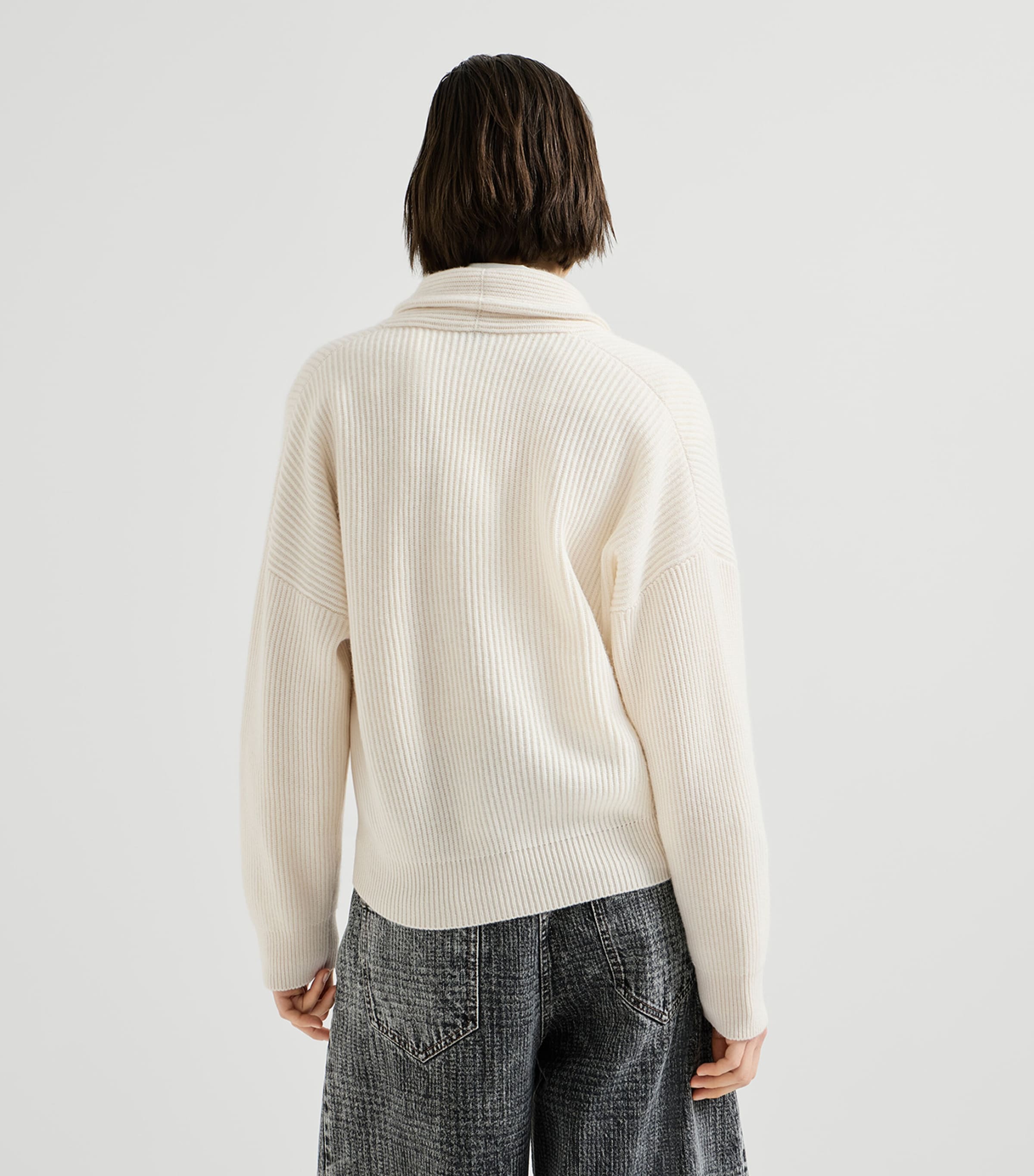 Brunello Cucinelli Womens Cashmere English Rib Asymmetric Cardigan English White Image 5