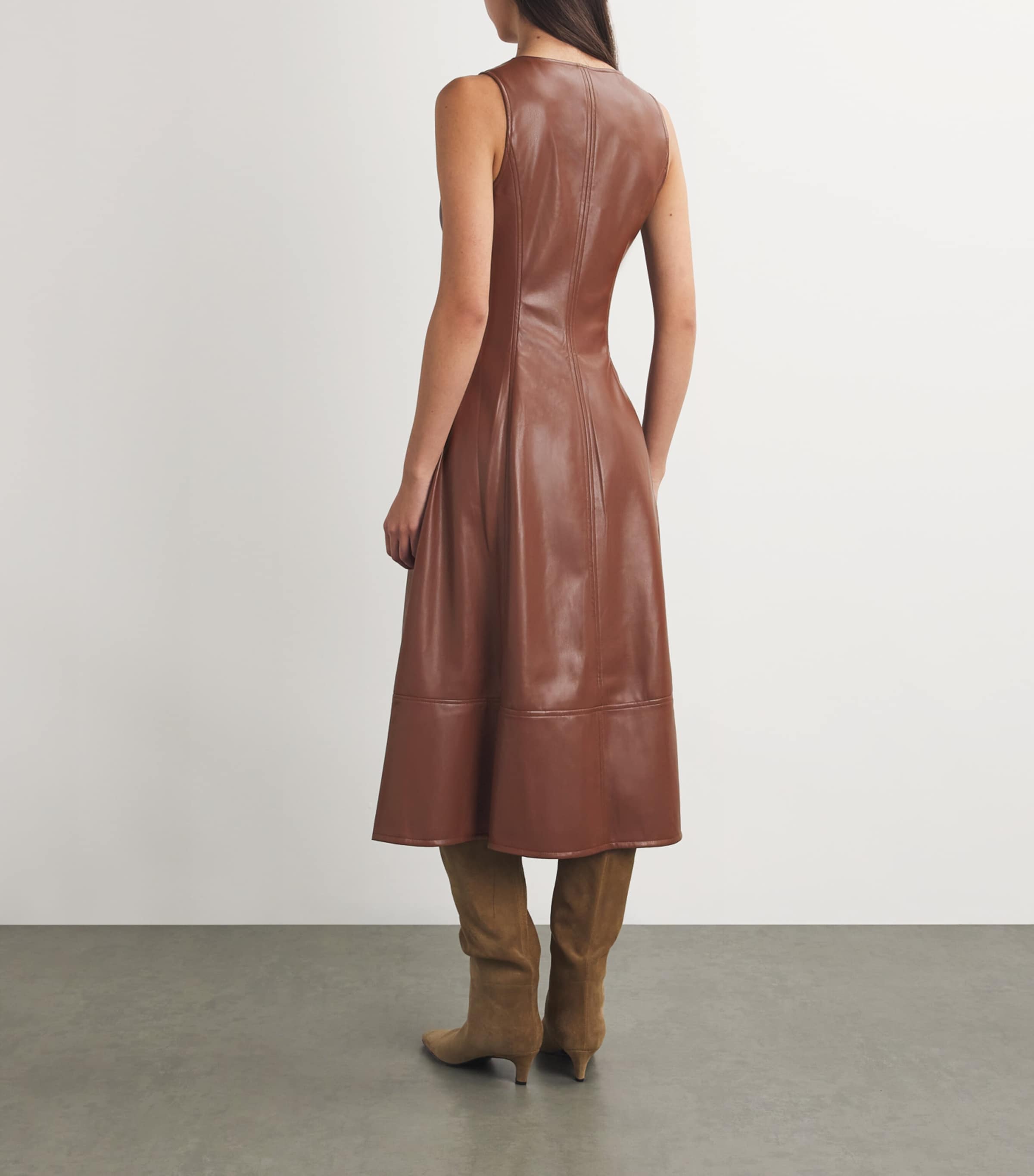 PAIGE Brown Faux Leather Fiorella Midi Dress | Harrods US