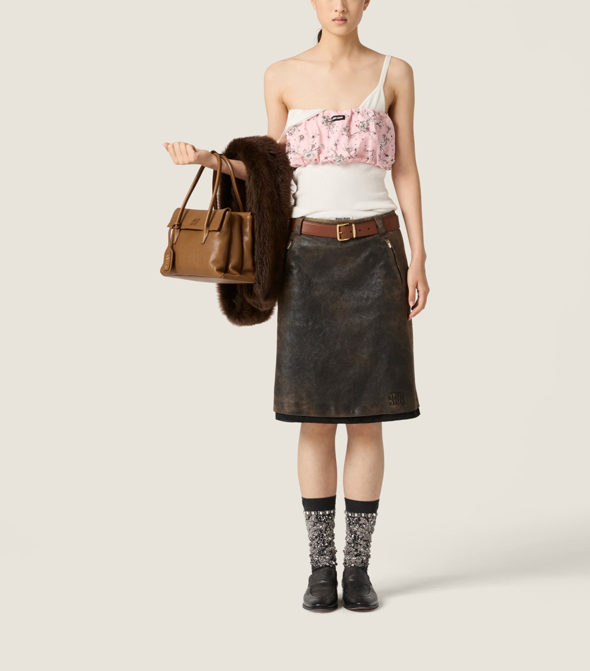 Miu Miu Womens Distressed Leather Midi Skirt Image 2