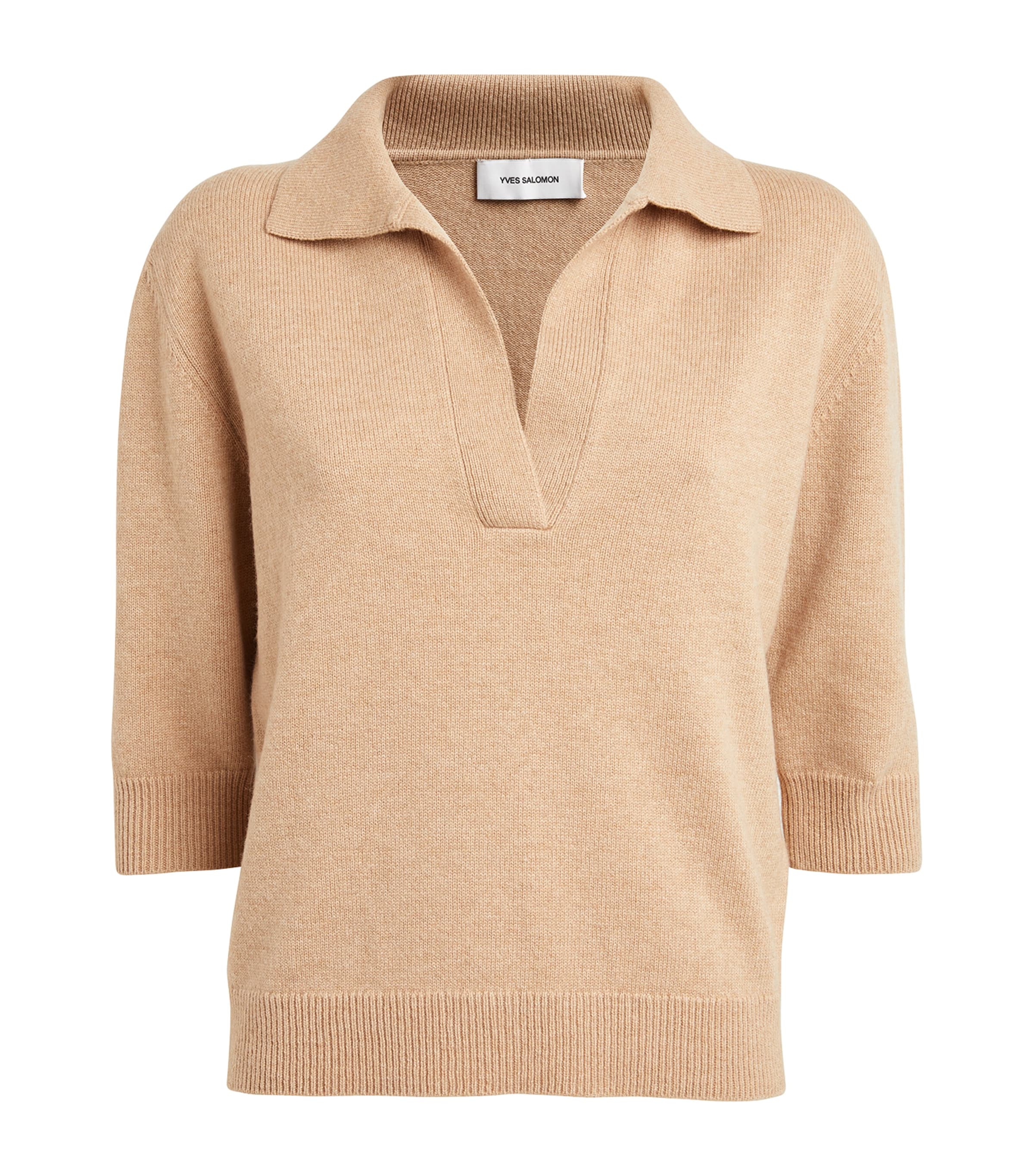 Shop Yves Salomon Wool-cashmere Collared Sweater In Beige
