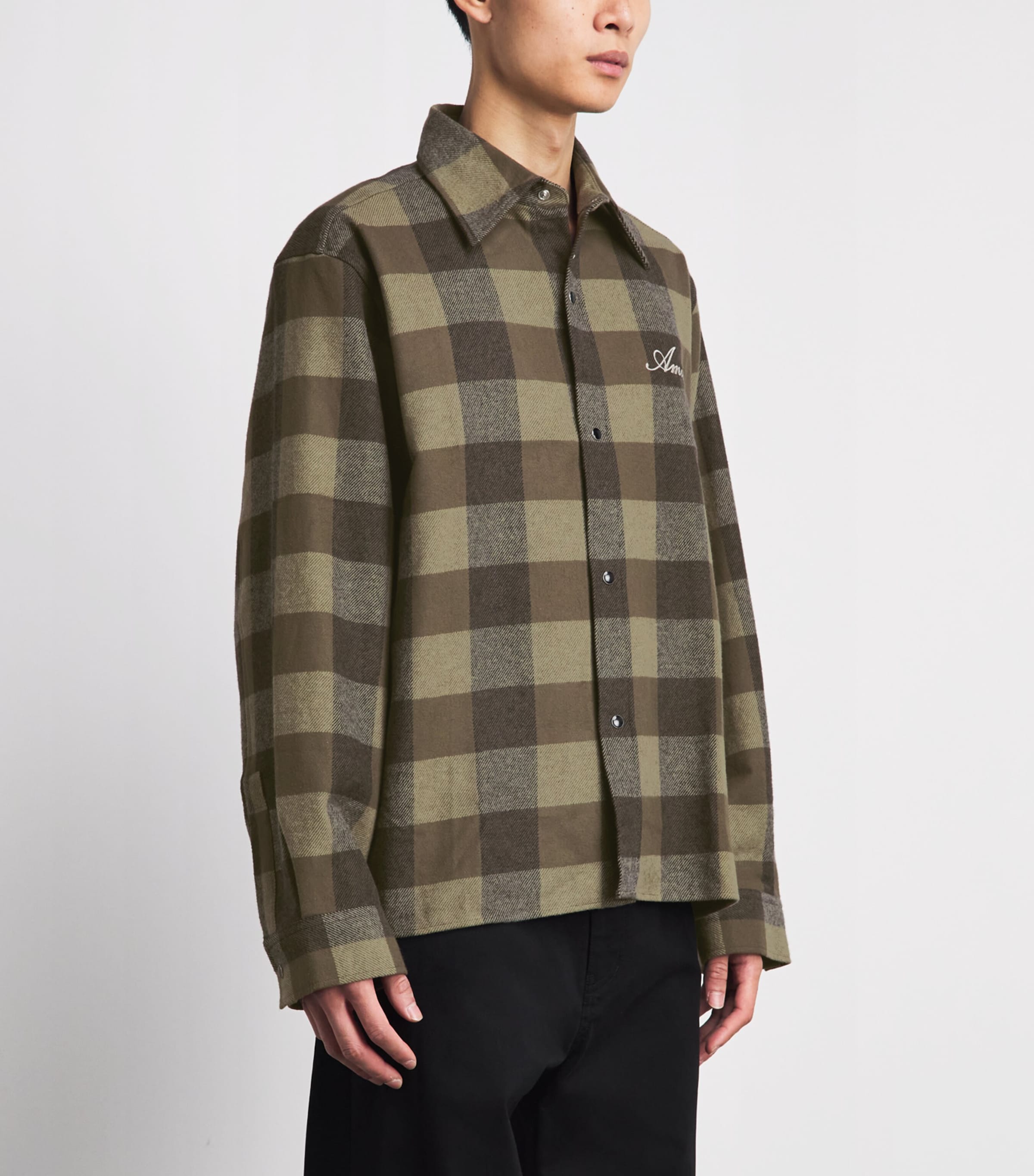AMIRI Mens Cotton Flannel Check Shirt Deep Olive Image 4