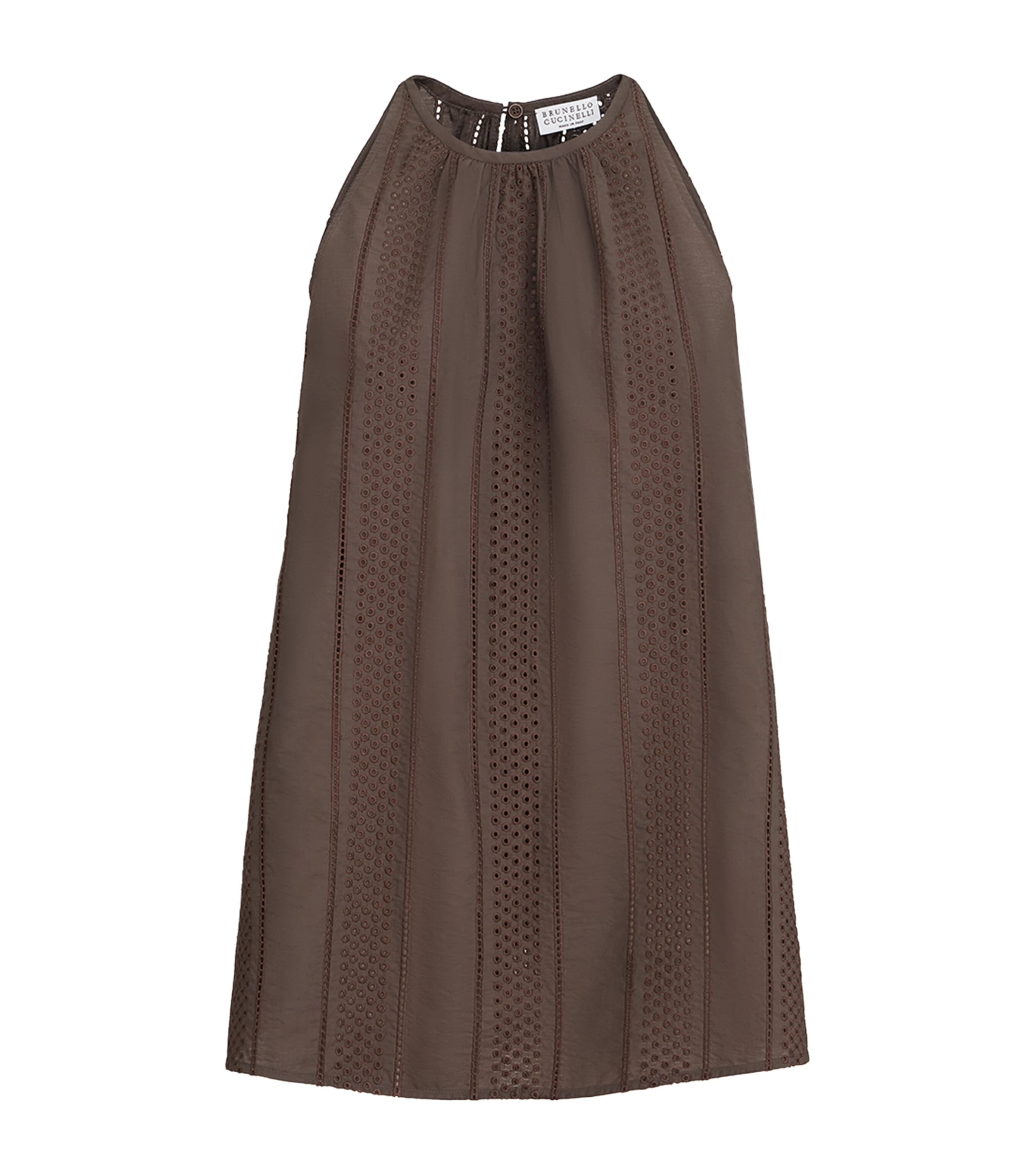 Brunello Cucinelli Womens Techno-Cotton Poplin Broderie Anglais Sleeveless Top Chocolate Brown Image 1