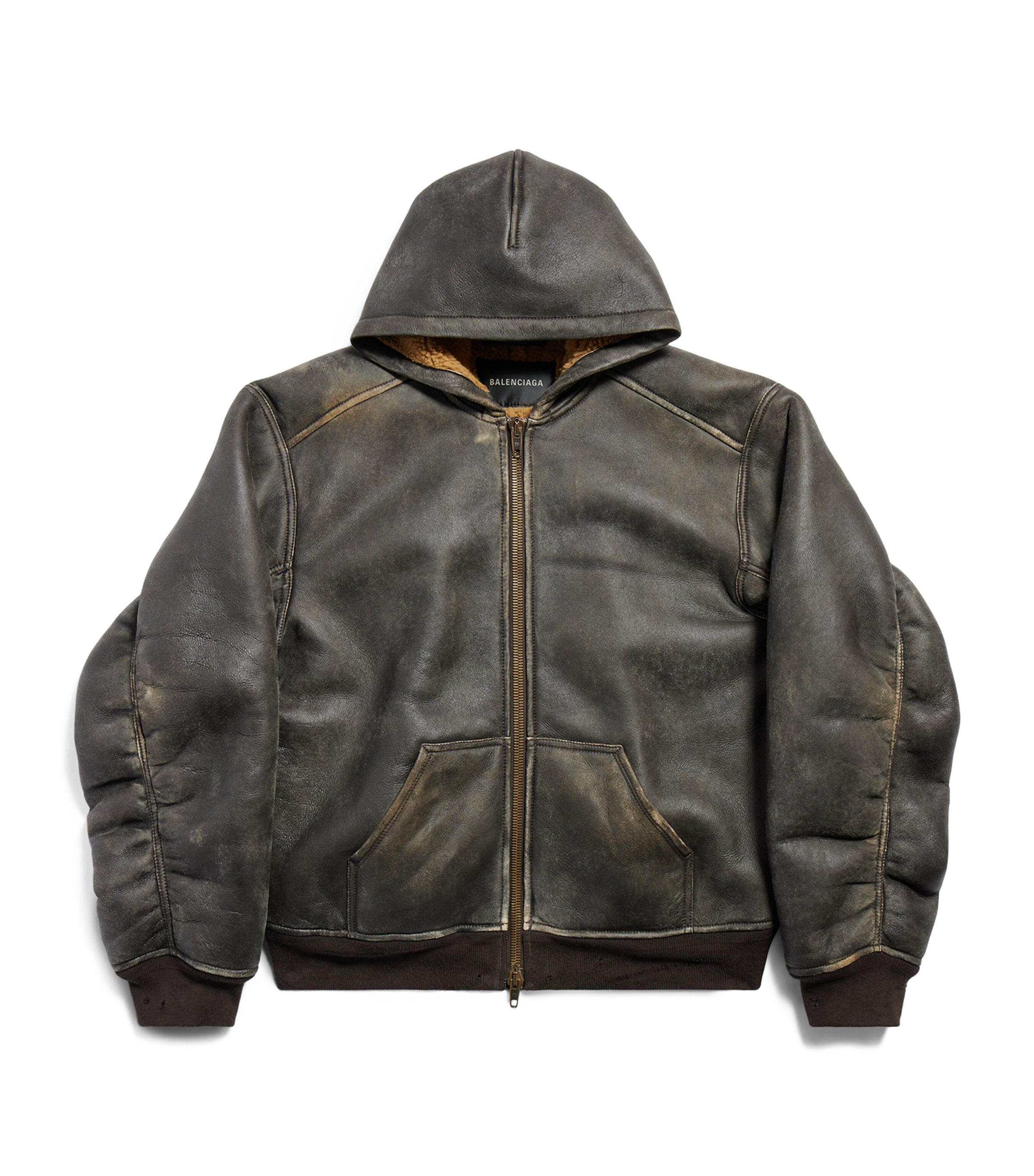 Shop Balenciaga Oversized Hooded Leather Jacket In Brown