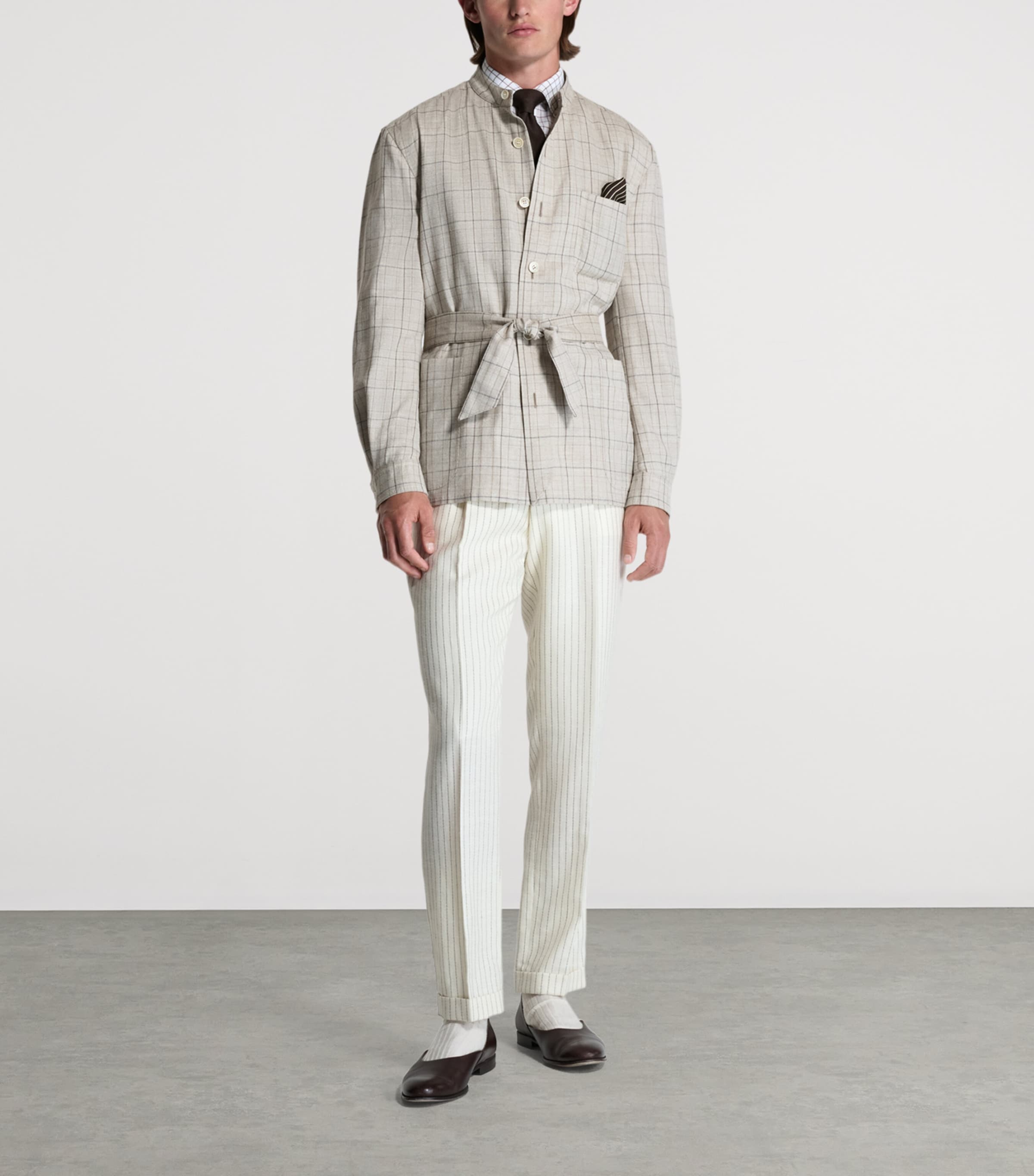 Dunhill Mens Wool-Silk-Linen Check Belted Jacket Image 2