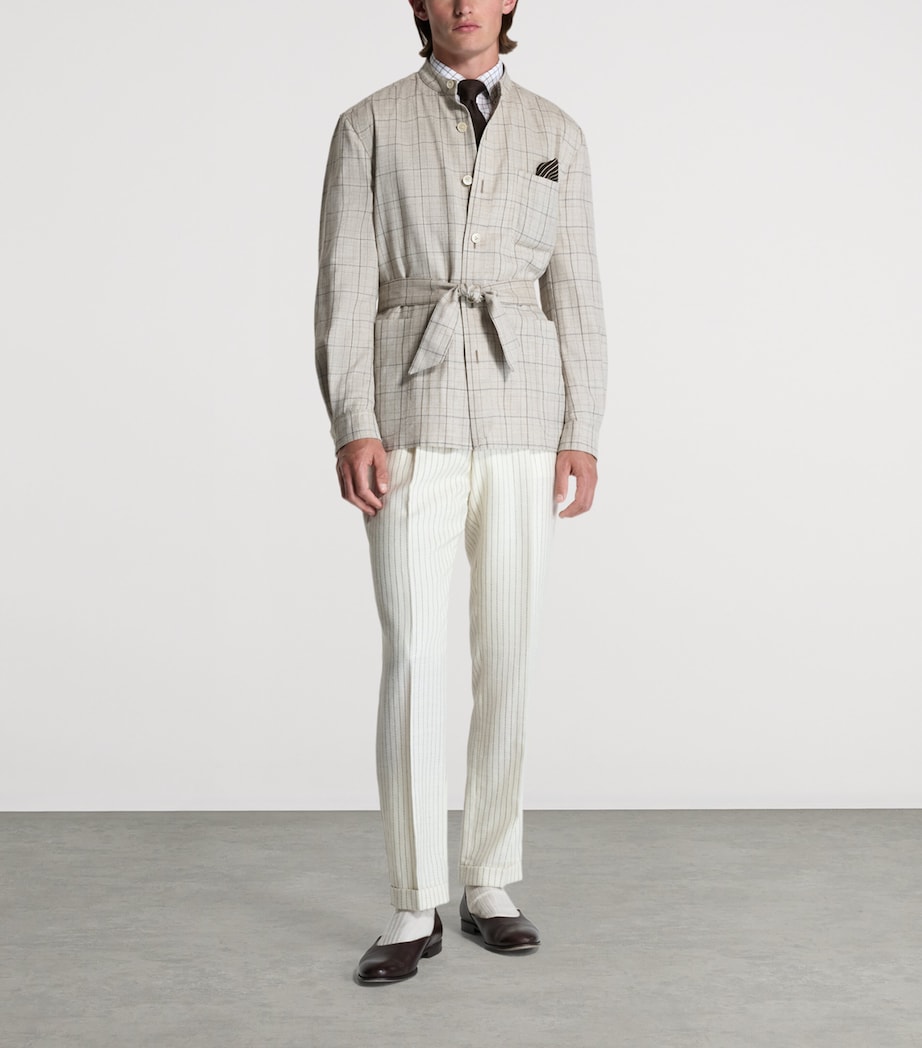 Dunhill Mens Wool-Silk-Linen Check Belted Jacket Image 2