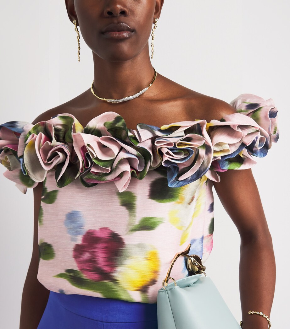 Carolina Herrera Womens Linen-Silk Floral Off-the-Shoulder Top Rosewater Multi Image 3