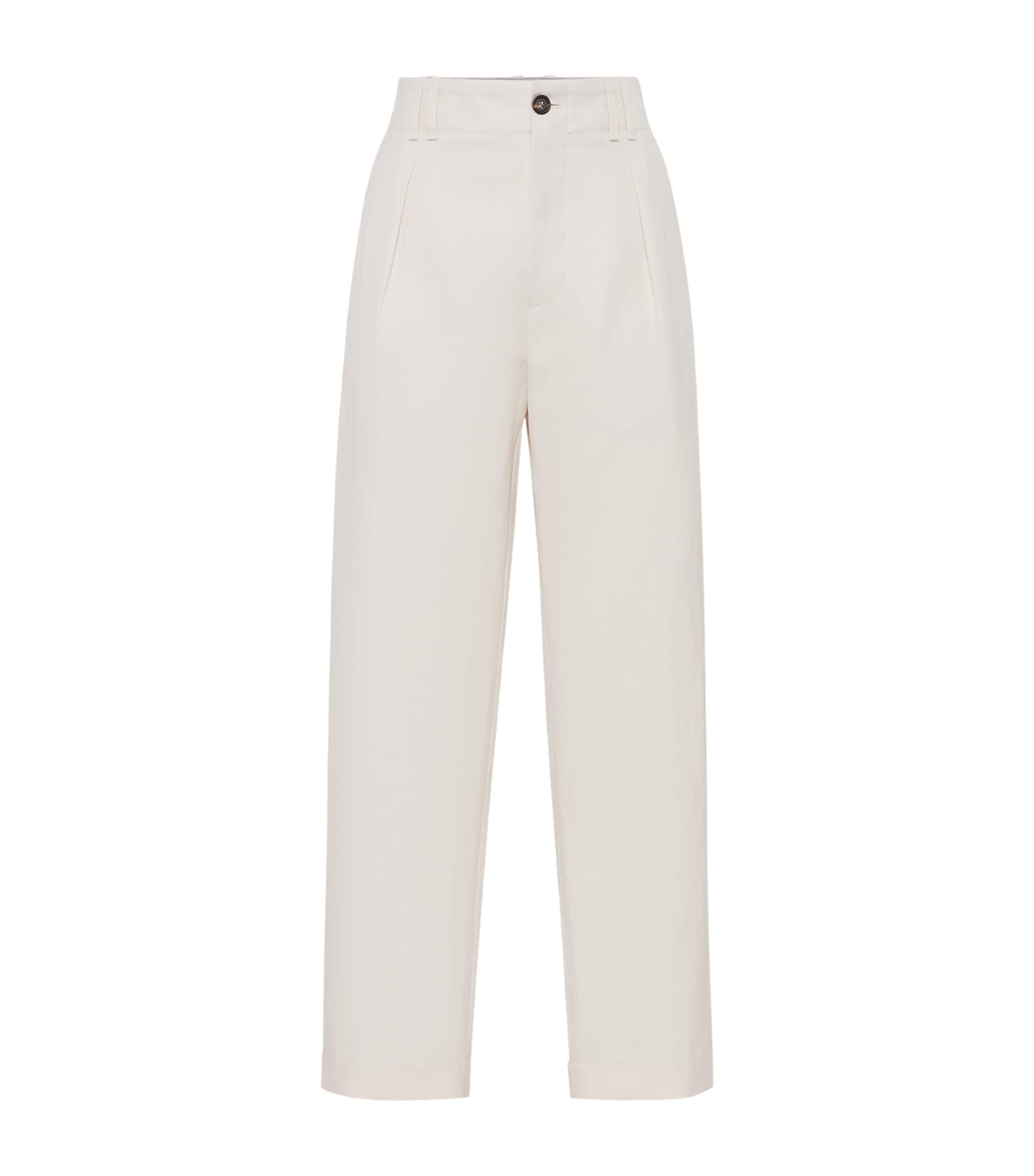 Brunello Cucinelli Pantaloni A Vita Alta Bianchi In Cotone Misto Lino In White