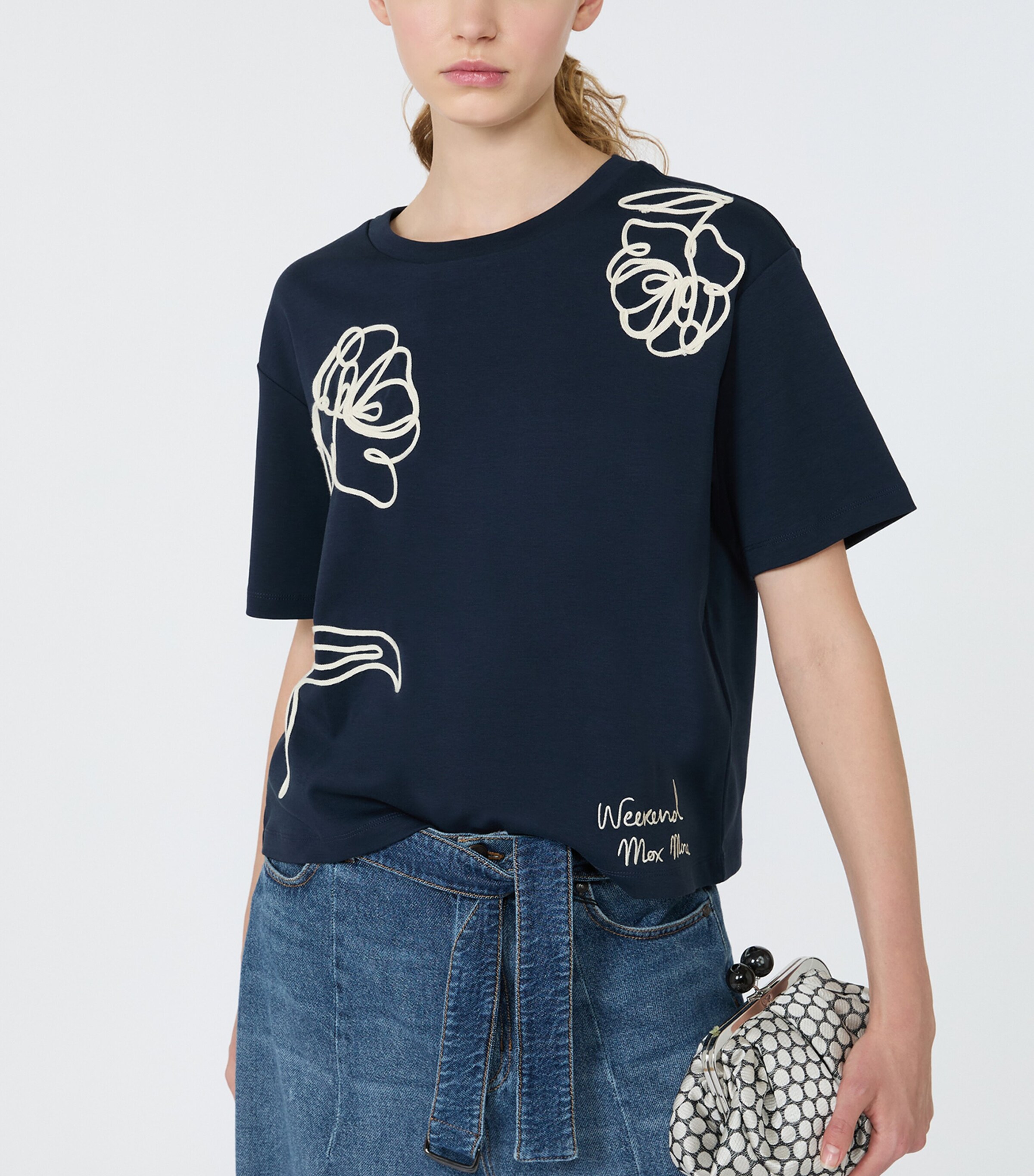 Weekend Max Mara Womens Cotton Embroidered Flower T-Shirt Navy Image 5