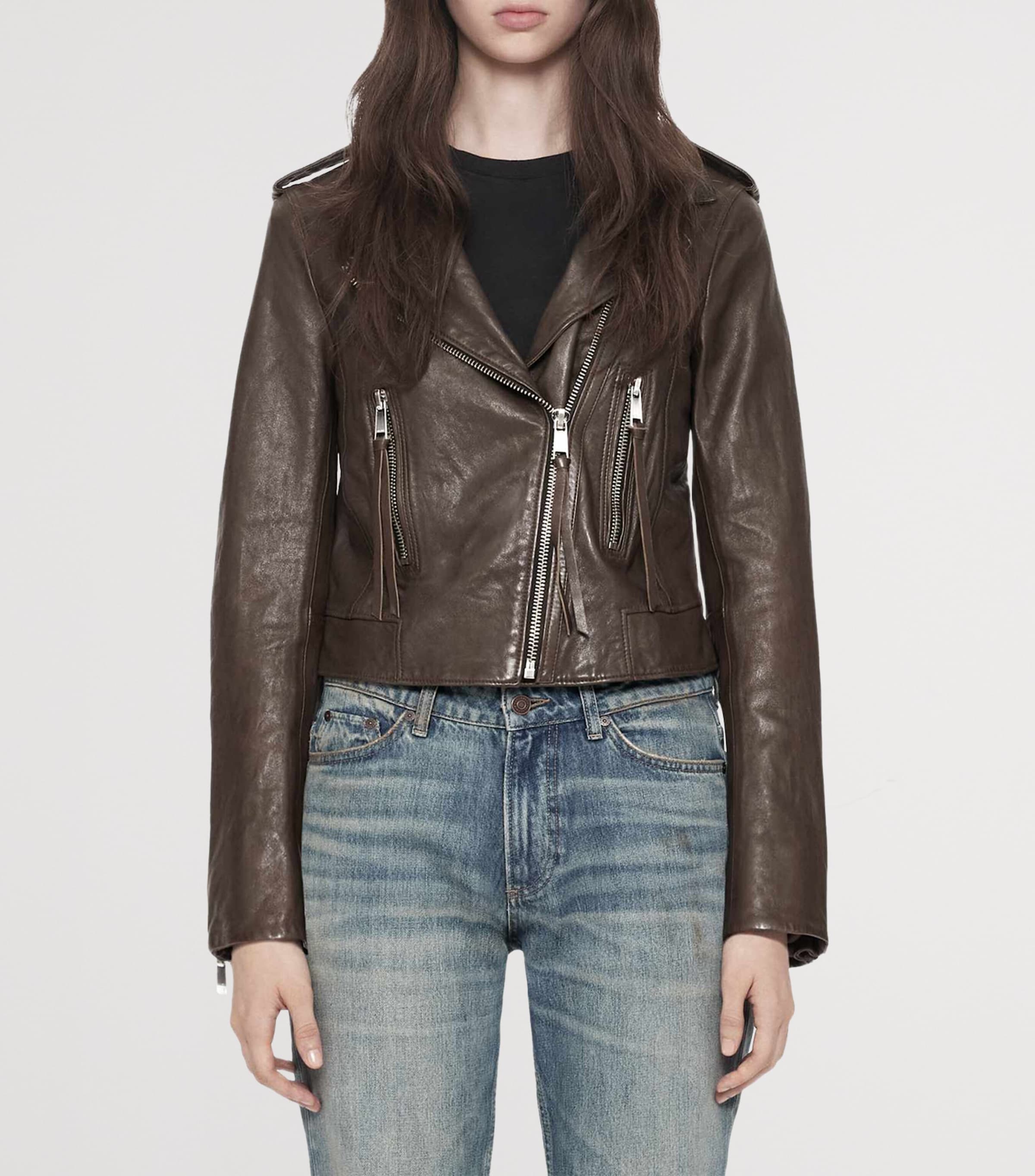 AllSaints Womens Errie Leather Biker Jacket Olive Brown Image 3