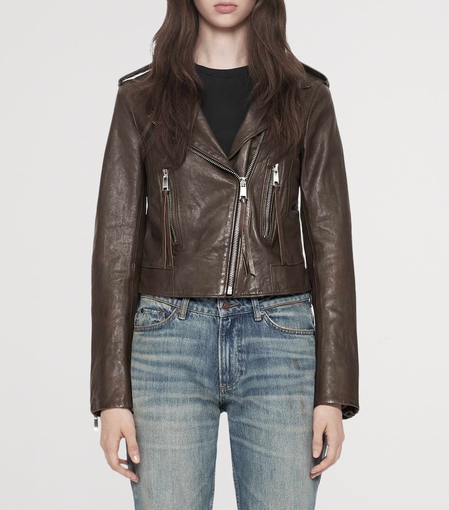 AllSaints Womens Errie Leather Biker Jacket Olive Brown Image 3