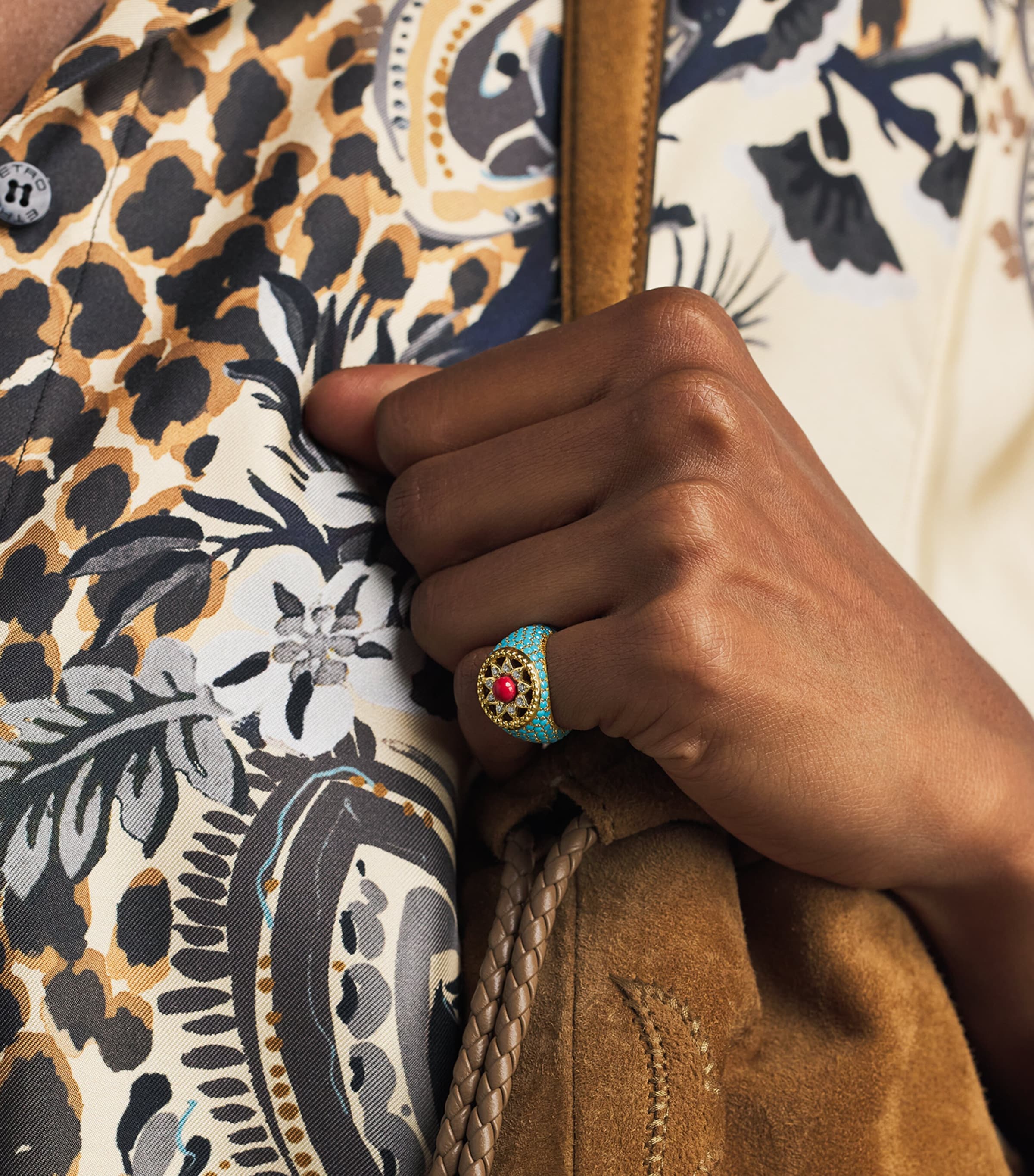 L'ATELIER NAWBAR Yellow Gold, Diamond, Coral and Turquoise Cosmic Love Arabesque Pinky Ring Yellow Gold Image 2