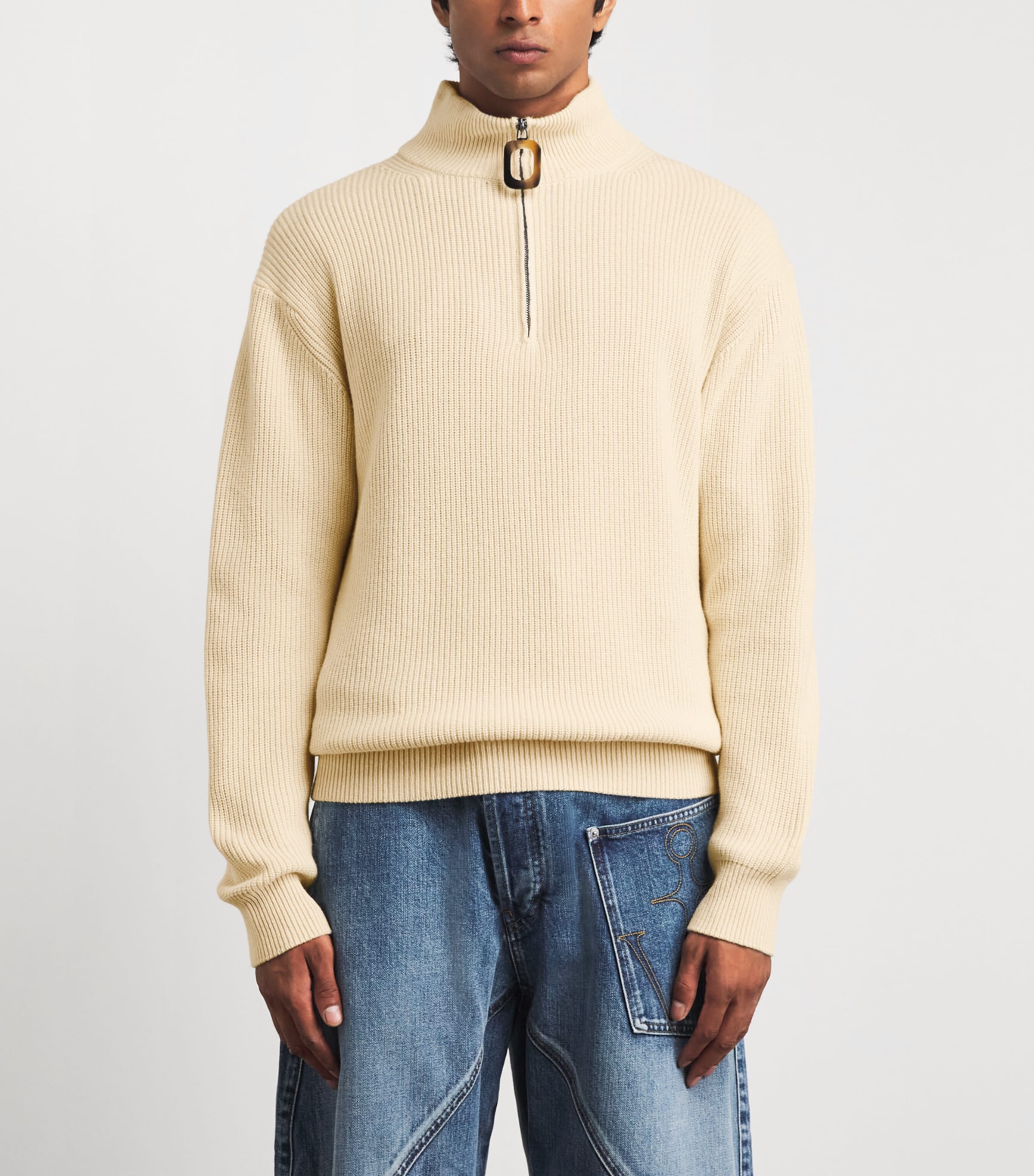 JW Anderson Mens Wool-Cotton Half-Zip Sweater Ivory Image 4