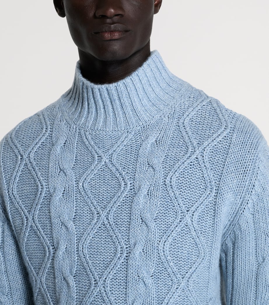 Dunhill Mens Cashmere-Blend Aran Cable-Knit Sweater Denim Image 5
