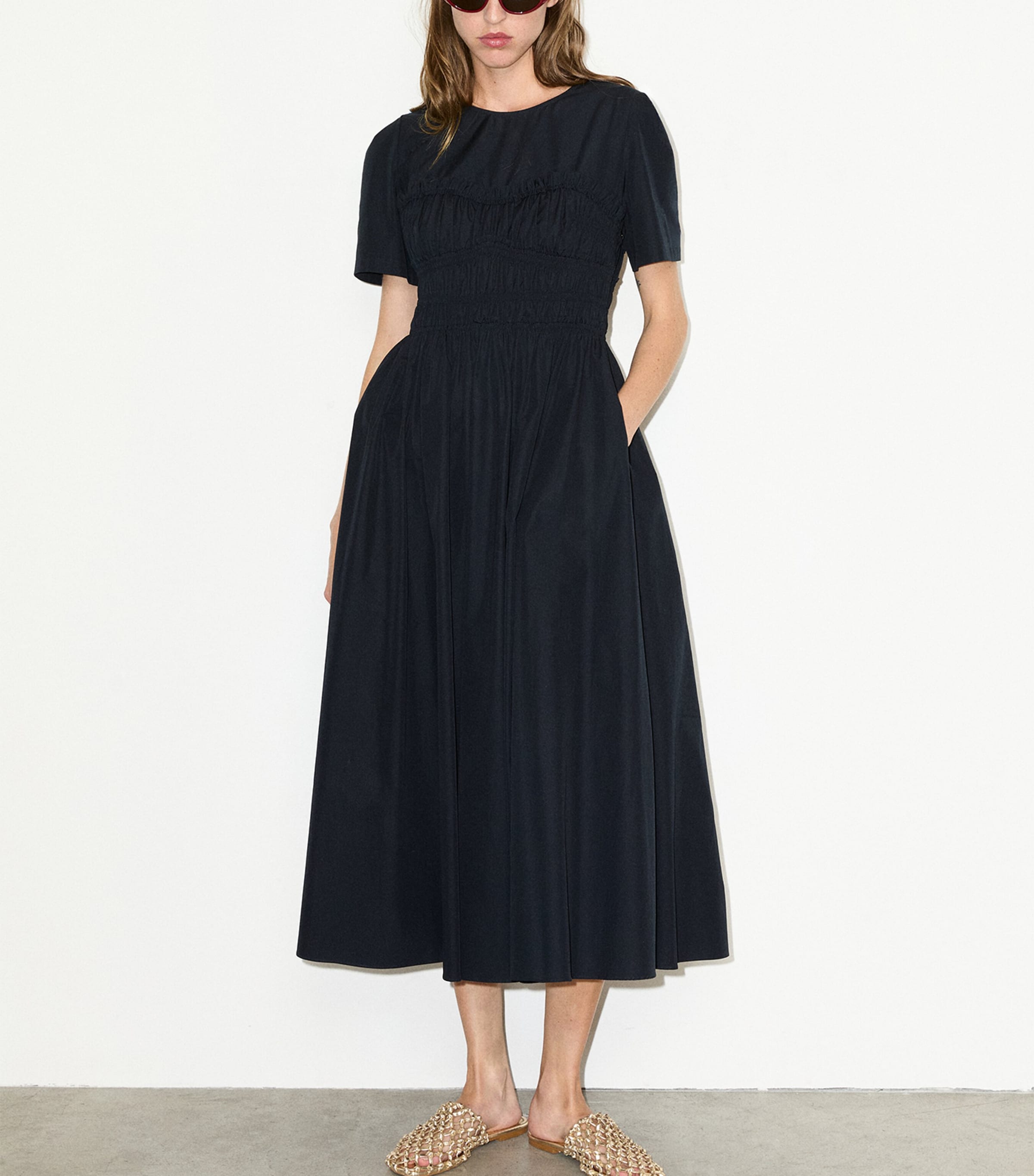 MAX&Co. Womens Cotton-Virgin Wool Shirred Midi Dress Black Image 6