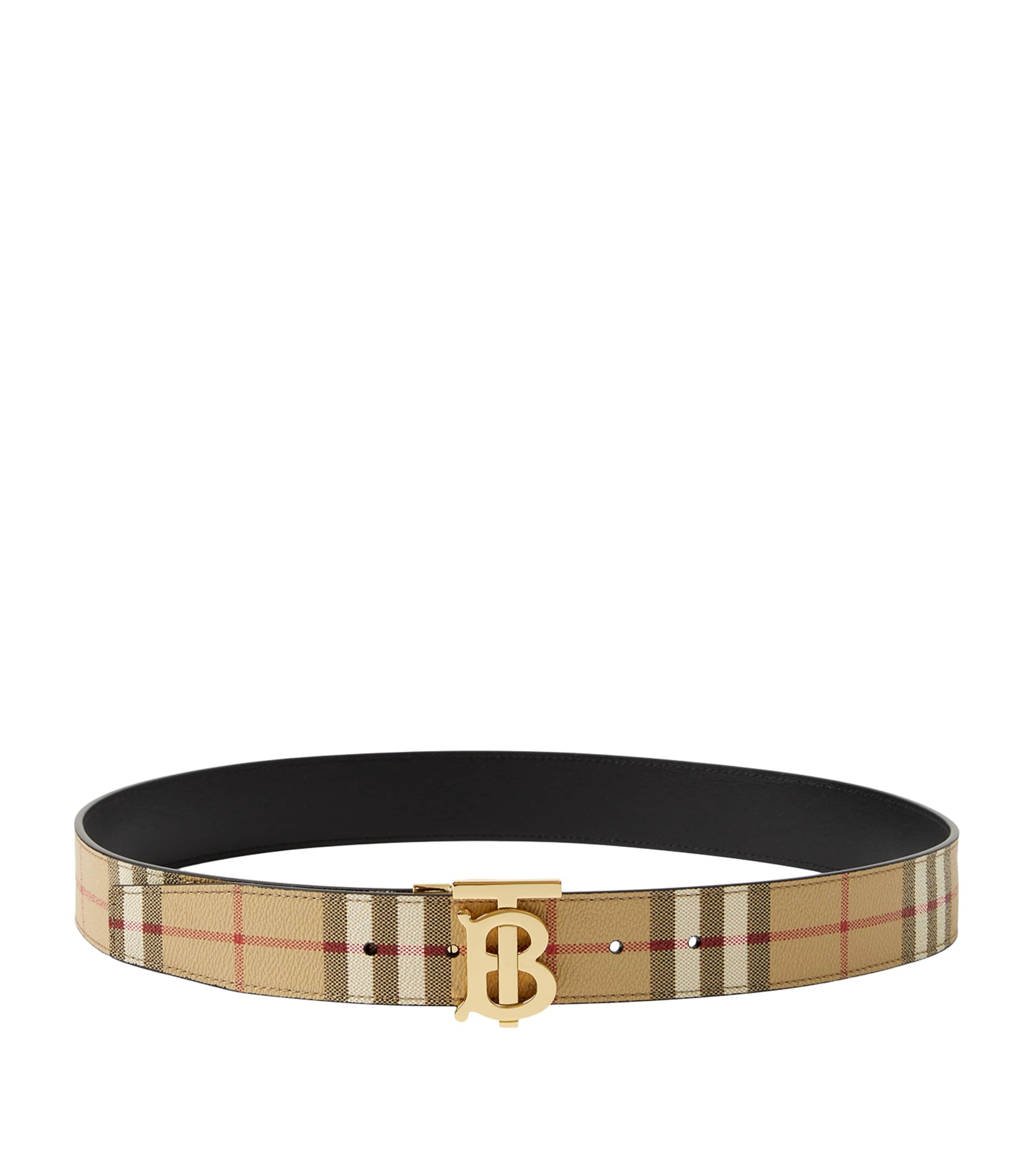 Burberry Check And Leather Reversible Tb Belt In Beige
