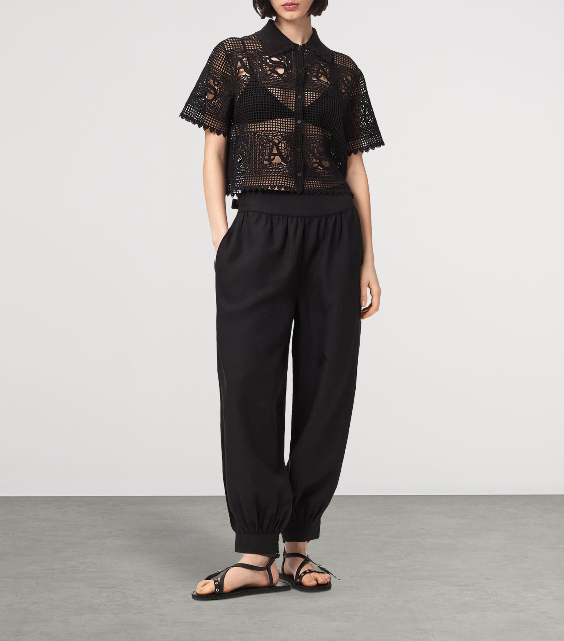 AllSaints Womens Crochet Kyra Polo Shirt Black Image 2