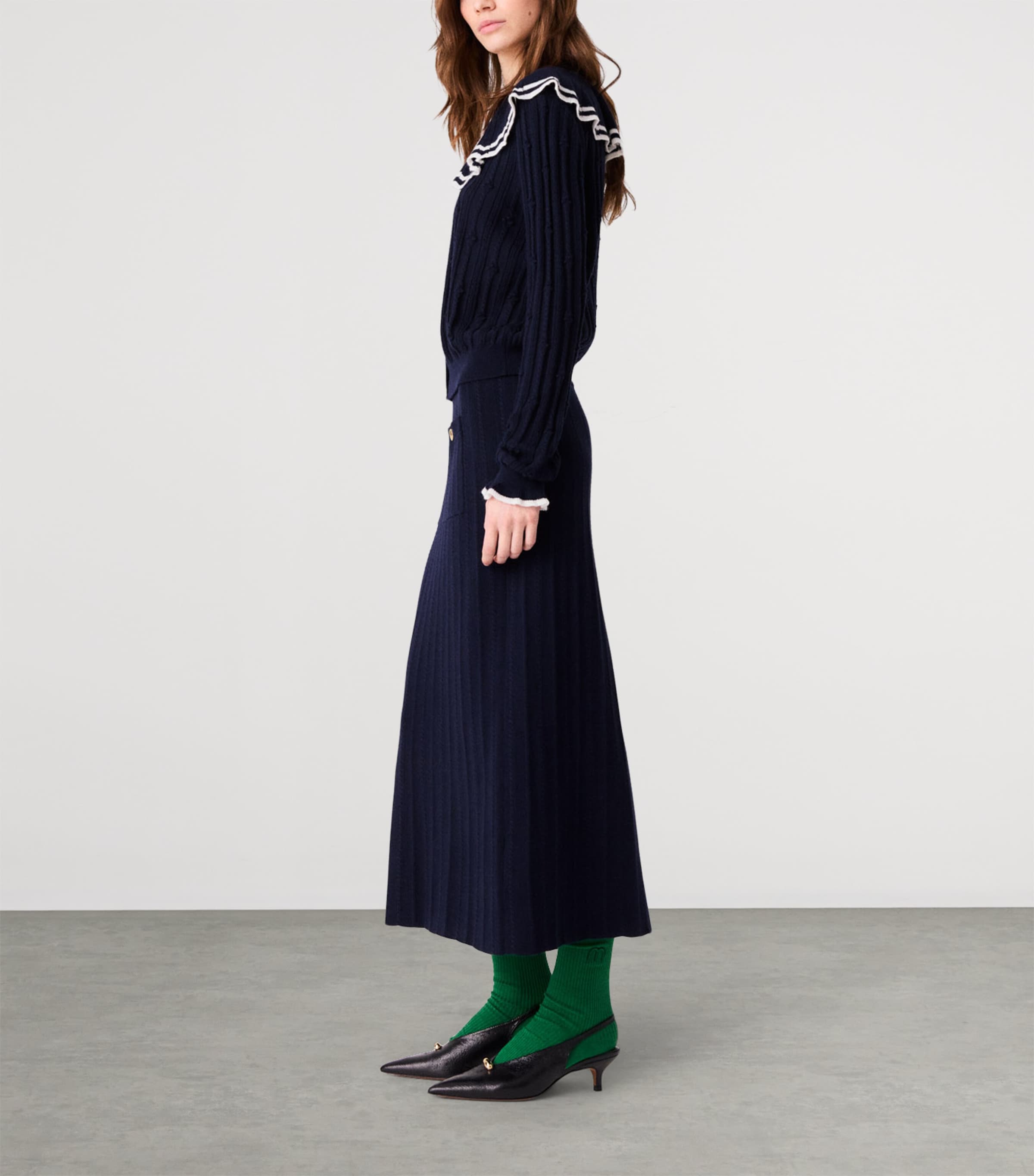 Maje Womens Knitted Ruffle-Collar Cardigan Navy Image 3