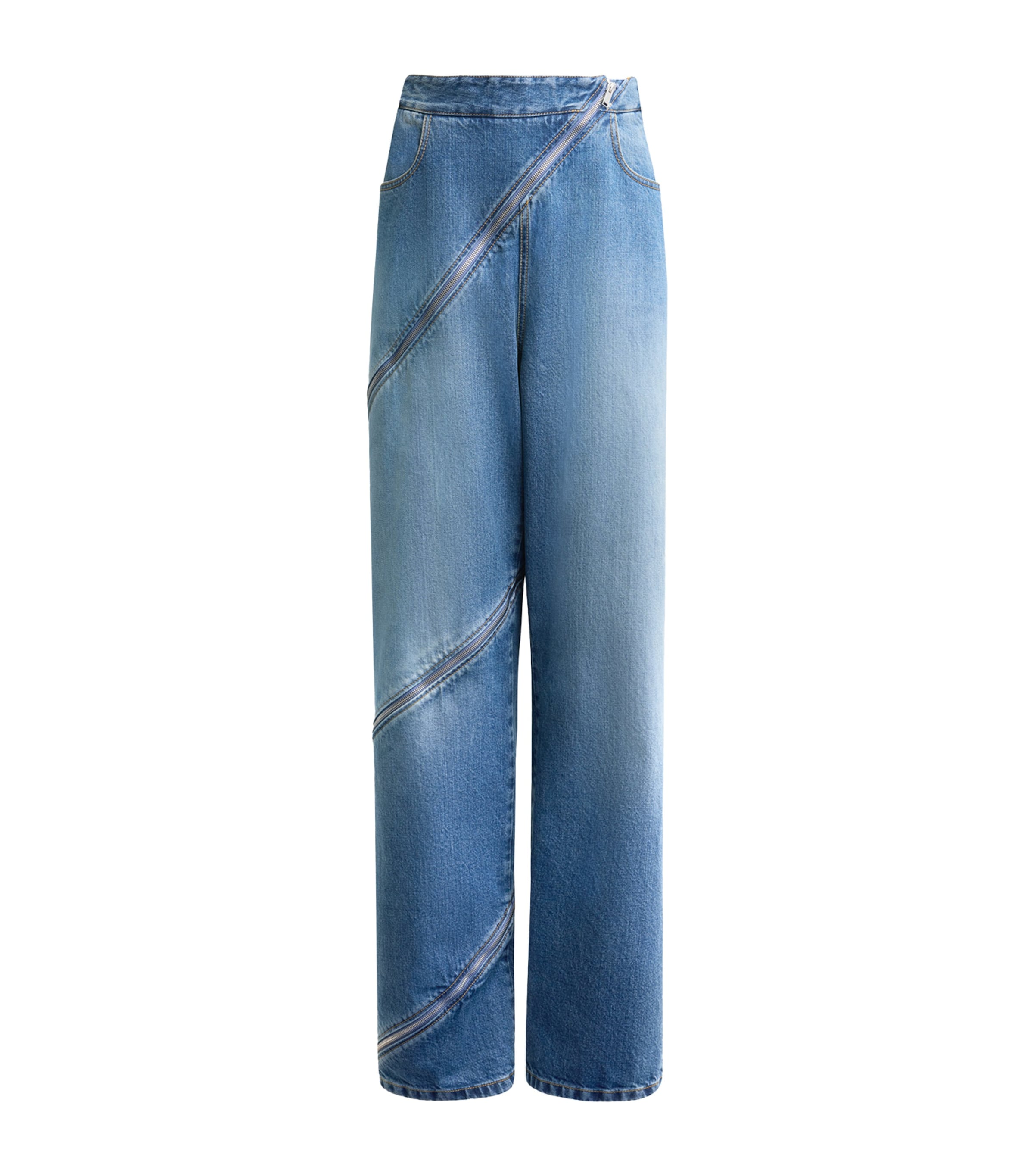 Alaïa Womens Bleu Vintage Spiral Zip-fastening Wide-leg High-rise Denim-blend Jeans In Blue