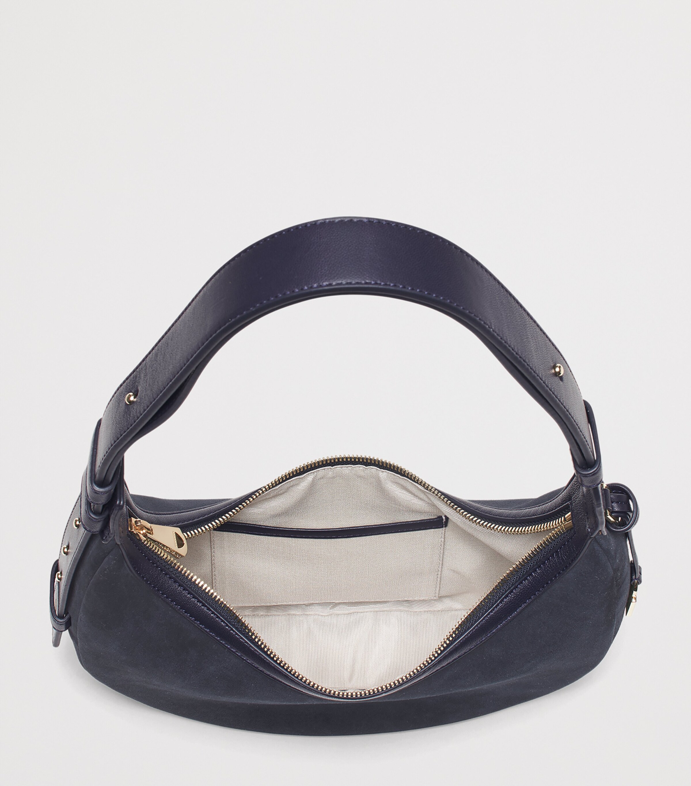 Aspinal Of London Navy Small Suede Hudson Crescent Shoulder Bag