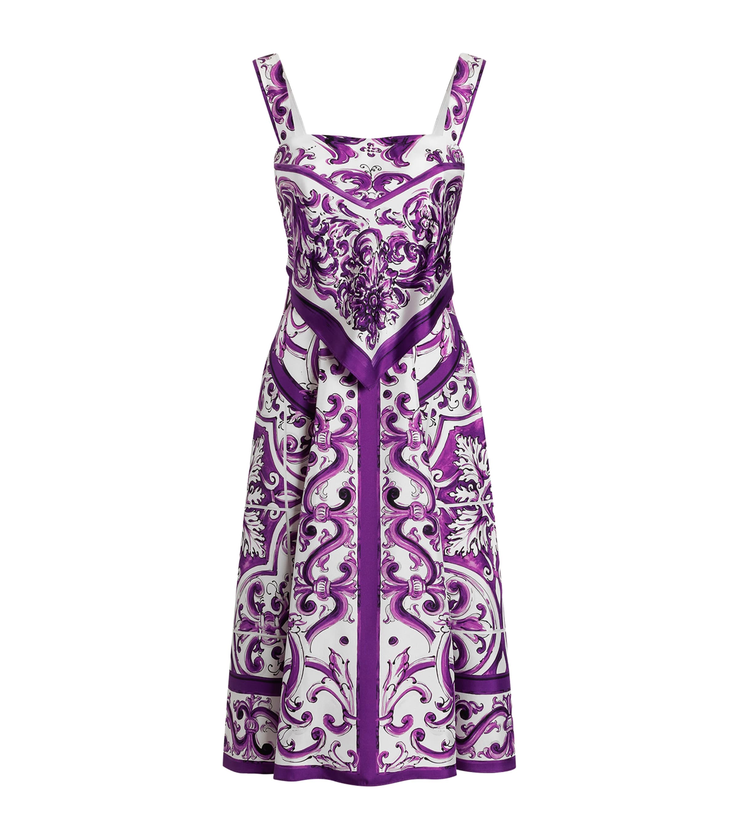 Dolce & Gabbana Silk Majolica Print Midi Dress In Purple