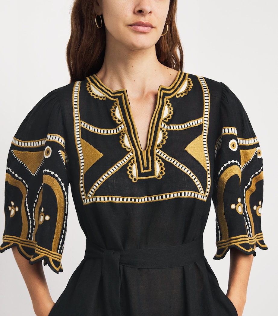 Linen Embroidered Midi Dress NOIR Image 4