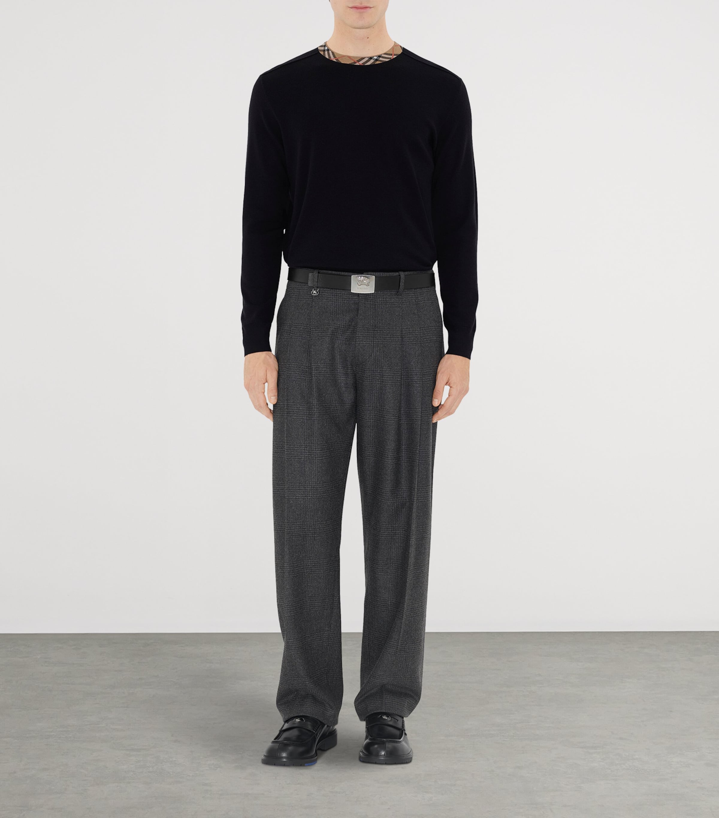 Wool Check-Trim Sweater NAVY Image 2