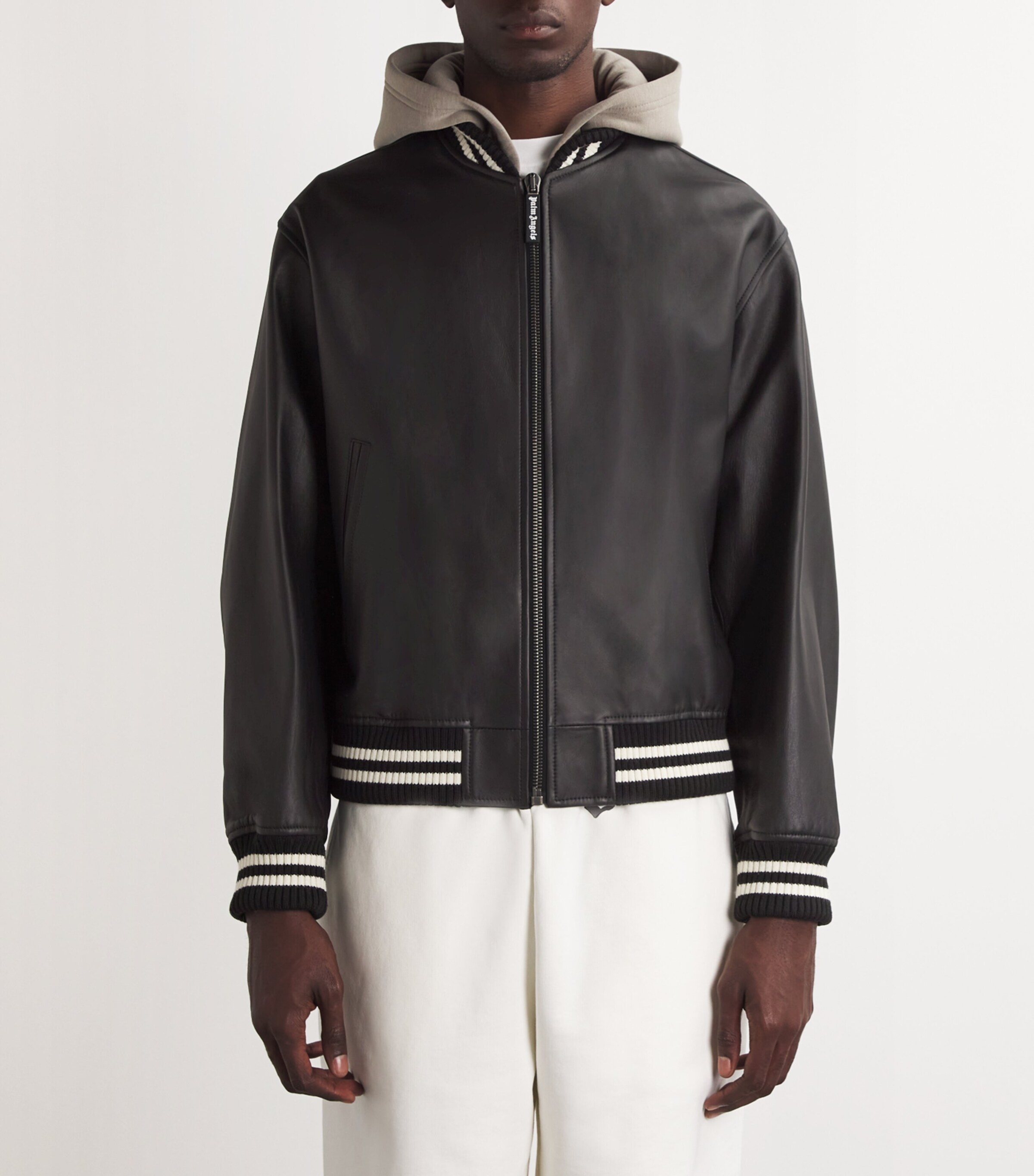 Palm Angels Mens Leather Logo Bomber Jacket Black Off White Image 3