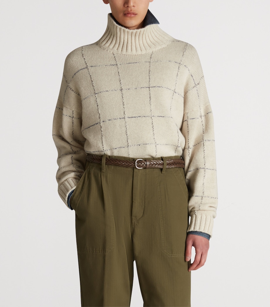 Cashmere Check Funnel-Neck Sweater 105NATURAL Image 3
