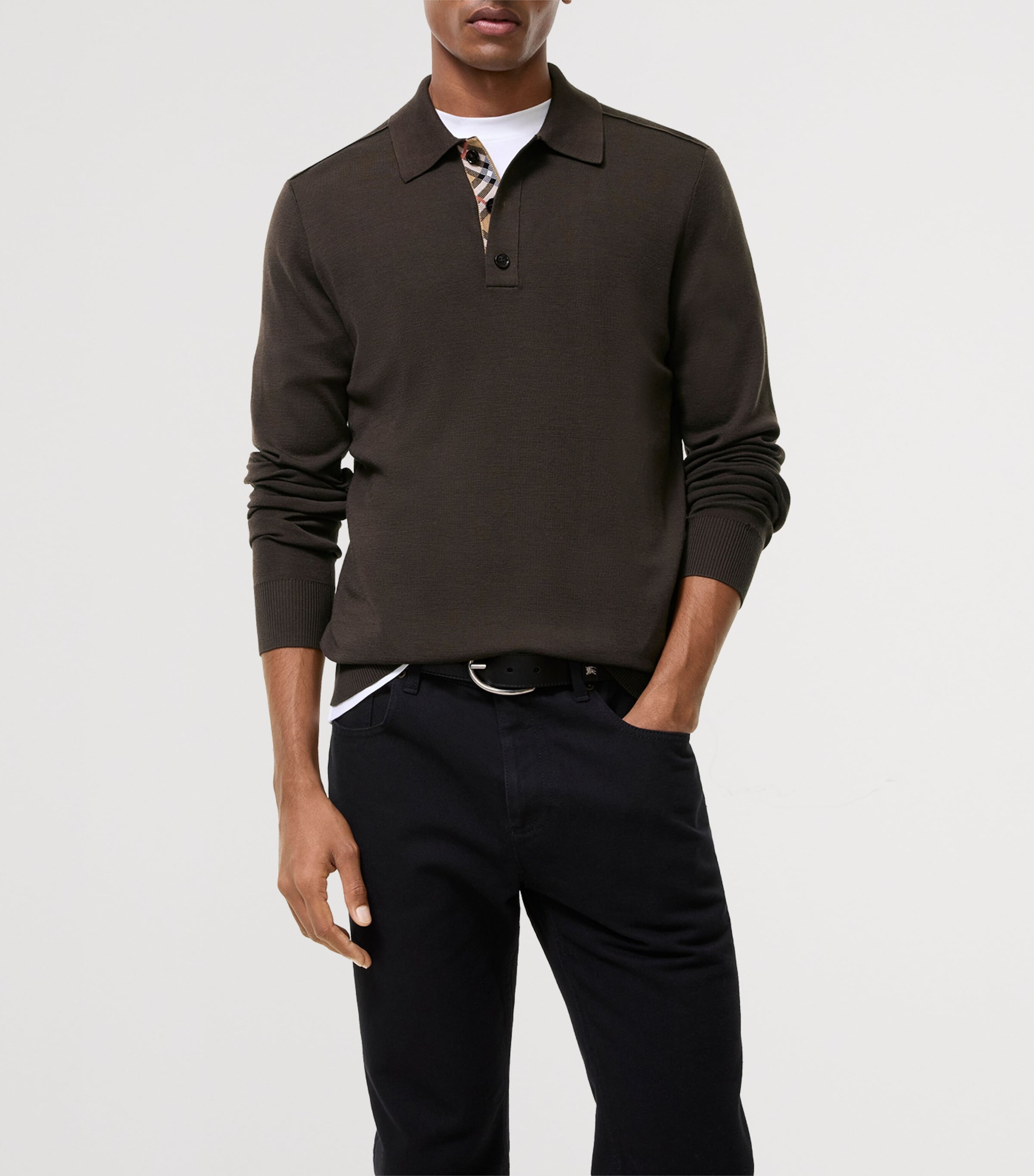 Burberry Mens Wool Check-Detail Long-Sleeve Polo Shirt Chocolate Brown Image 2