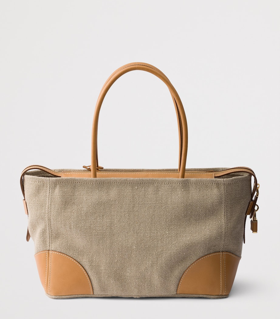 Prada Large Linen-Leather Tote Bag Neutral Image 3