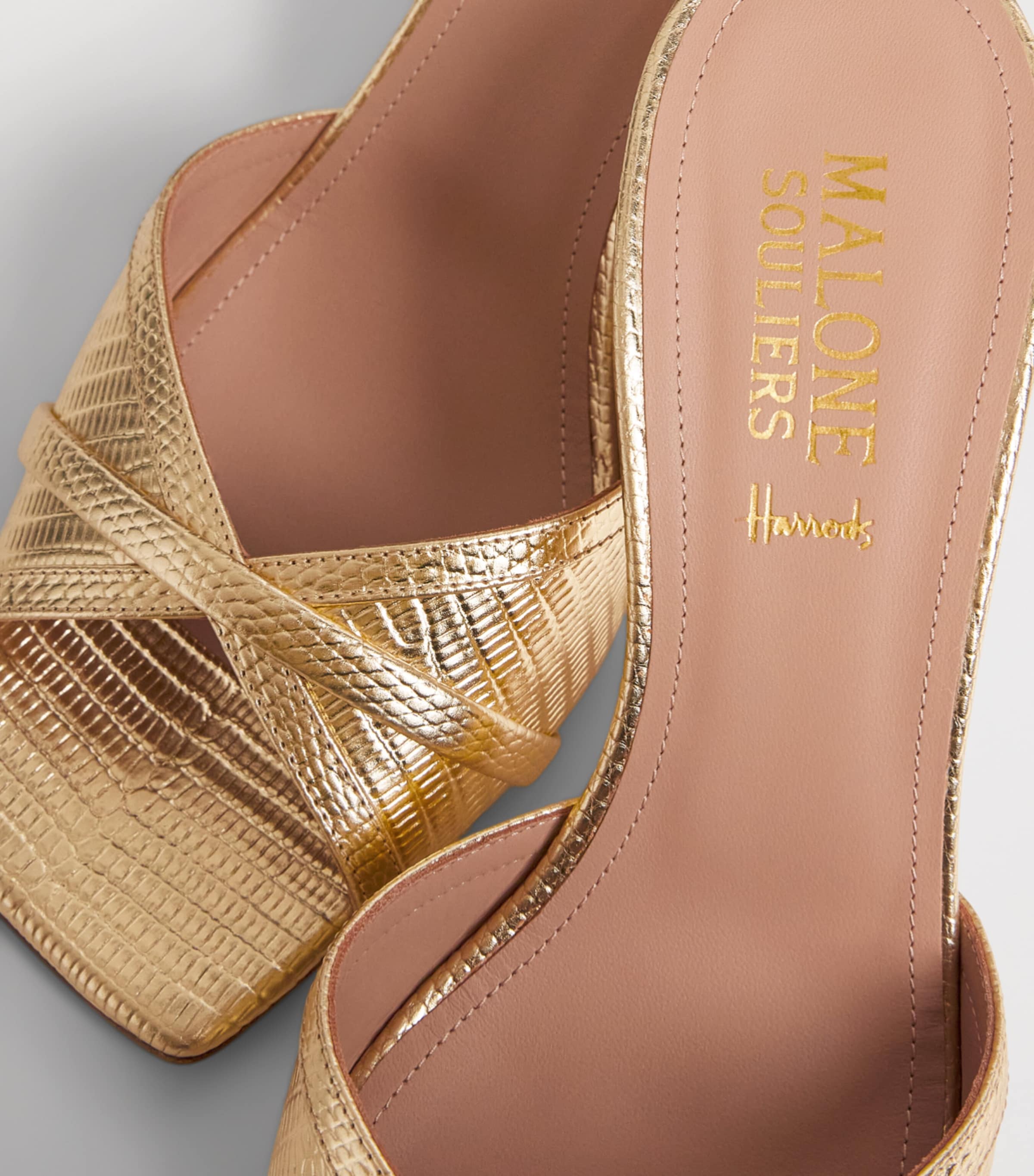 Malone Souliers x Harrods Exclusive Metallic Leather Embossed Perla Mules 70 Antique Gold Image 7