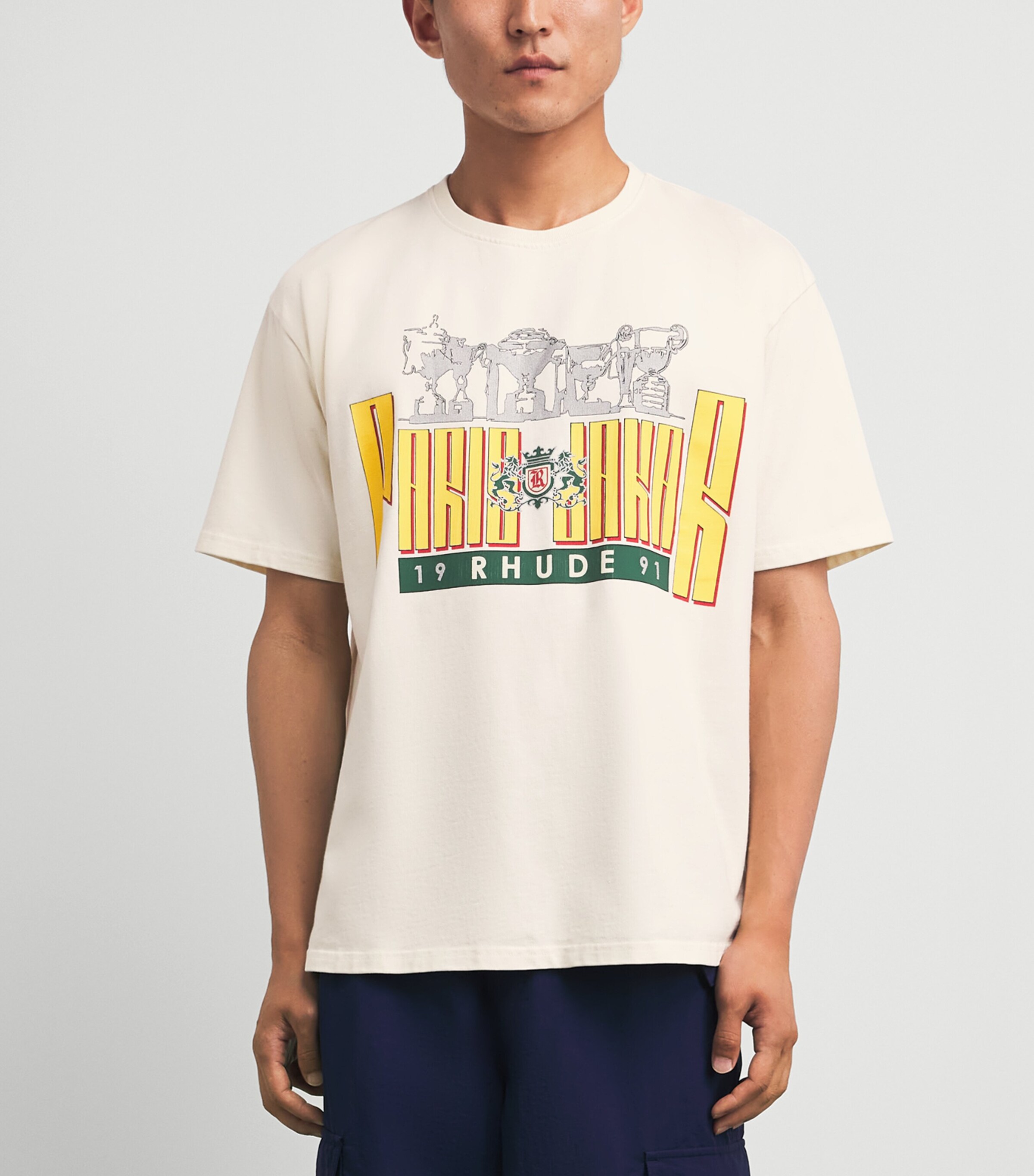 Rhude Mens Cotton Trofeo Print T-Shirt Vntg Wt/ylw/grn Image 4