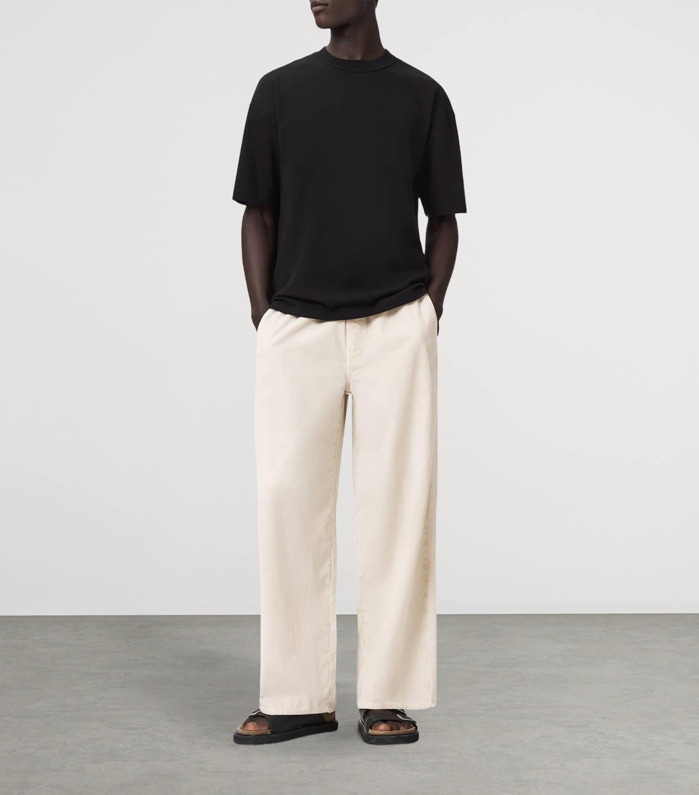 AllSaints Mens Corduroy Sabbath Wide-Leg Trousers Pebble White Image 2