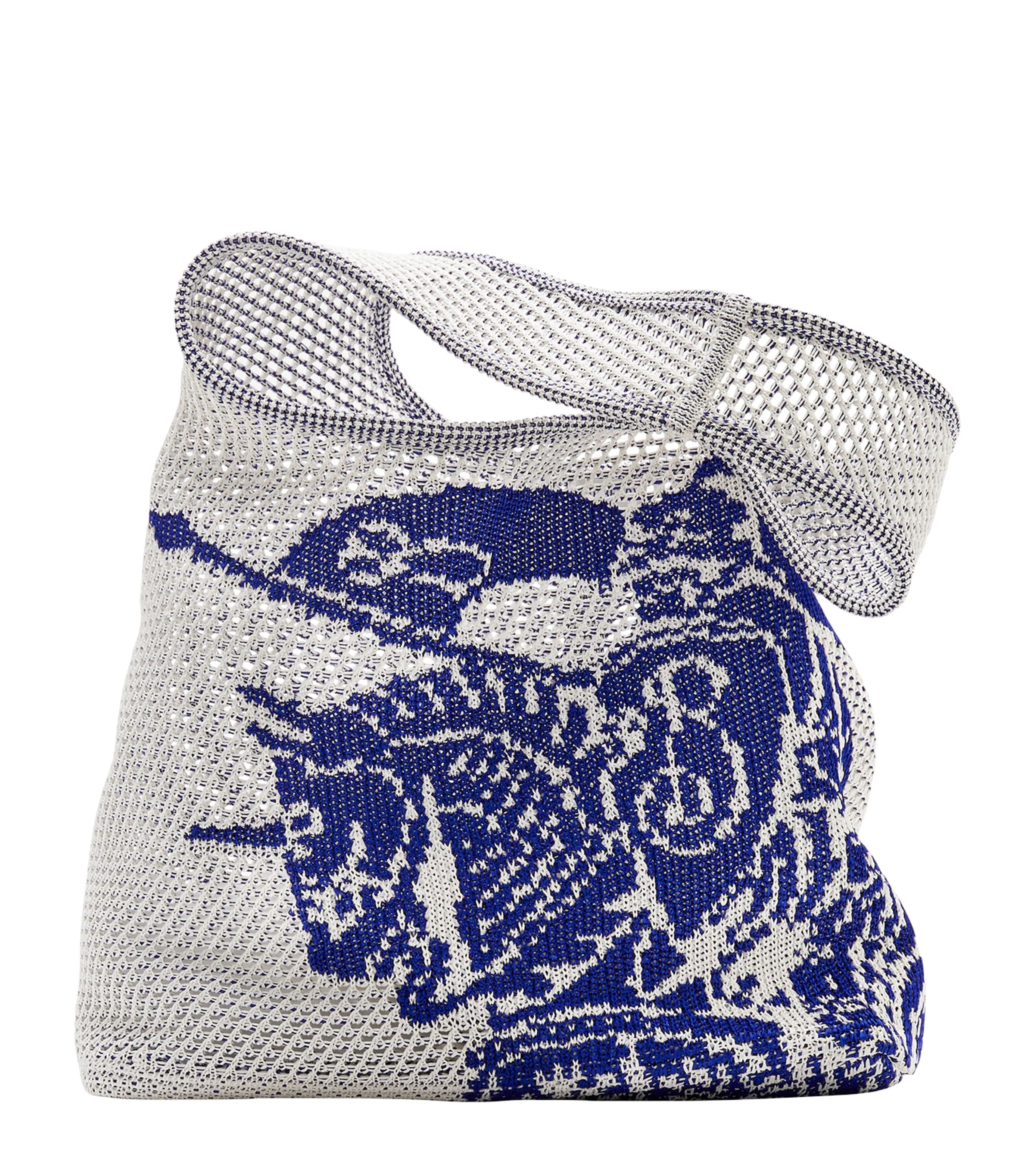 Burberry Large Crochet Equestrian Knight Design Shoulder Bag In White