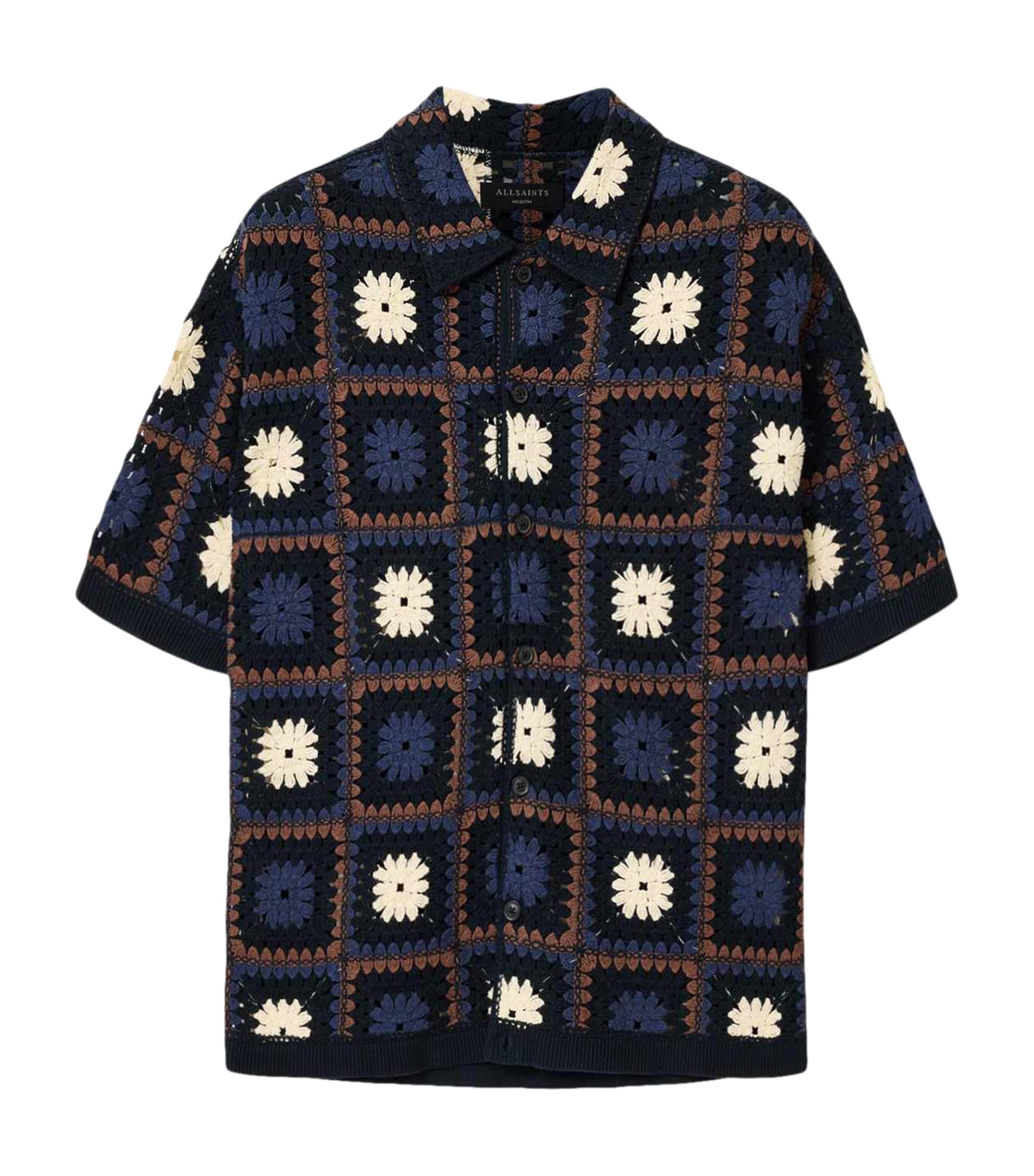 AllSaints Mens Organic Cotton Crochet Short-Sleeve Shirt Moonstone Blue Image 1