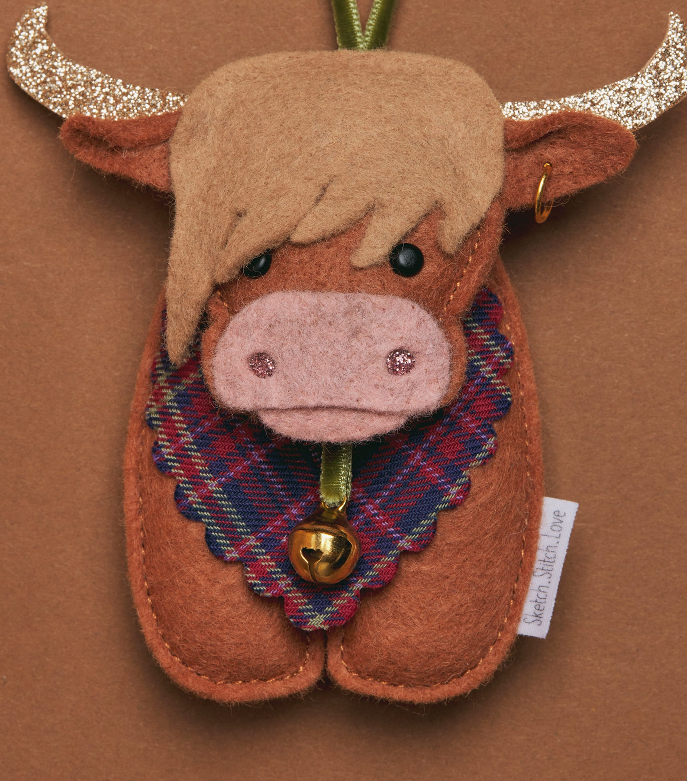 SKETCH.STITCH.LOVE Felt Highland Cow Tree Decoration Brown/multi Image 2