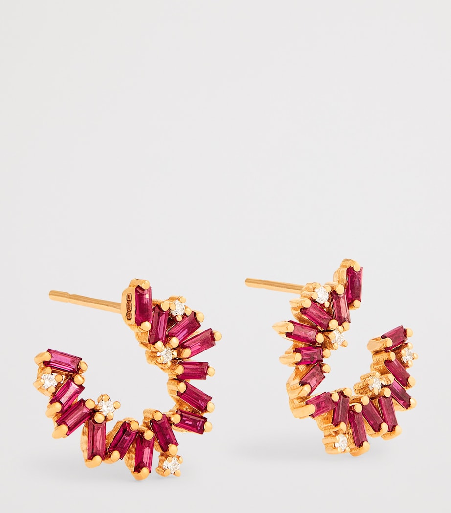 Mini Rose Gold, Diamond and Ruby Bold Hoop Earrings 18K RG/R Image 3
