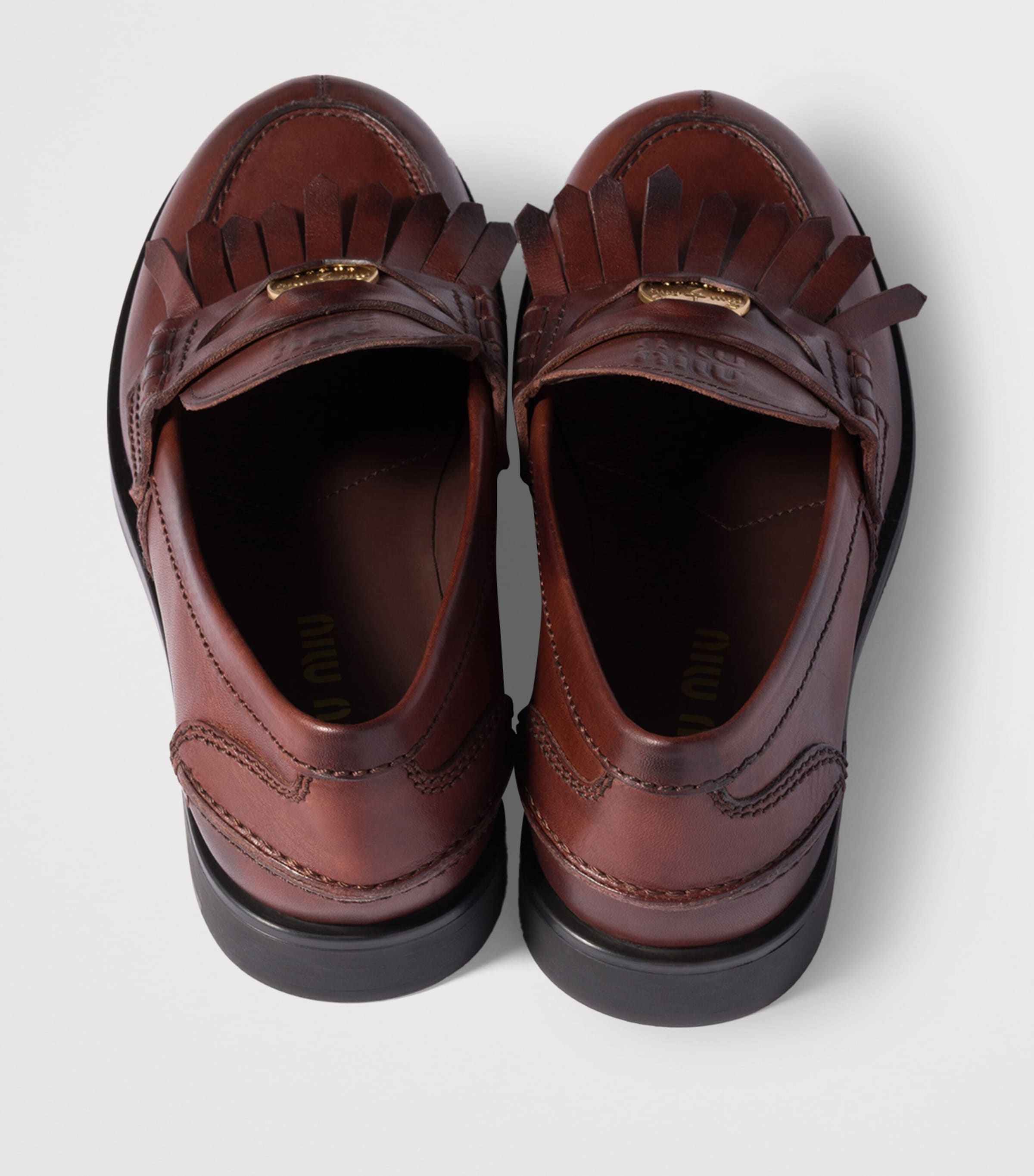Miu Miu Womens Leather Coin Penny Loafers Brown Image 3