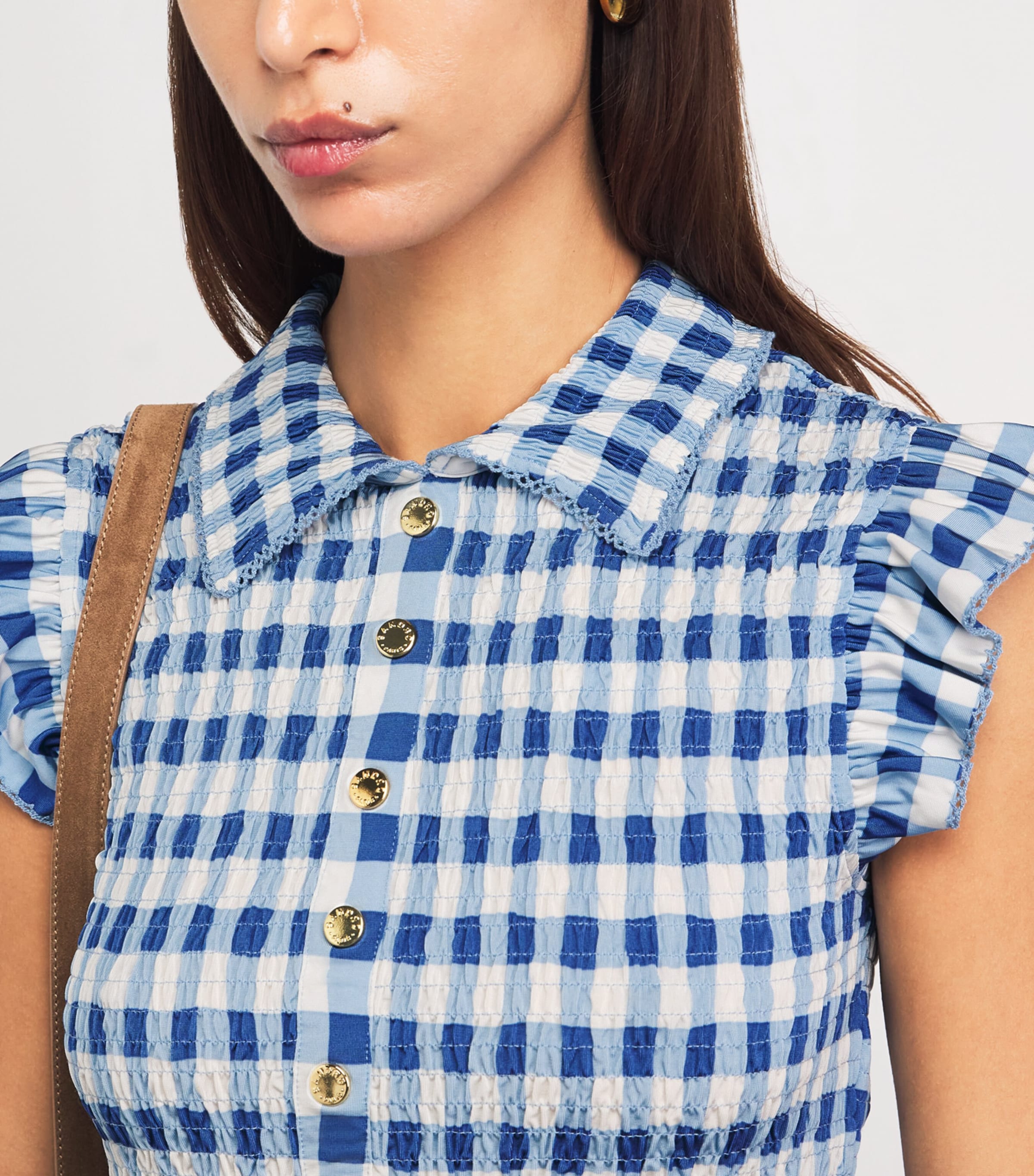Sandro Paris Womens Gingham Smocked Top Blu / White Image 3