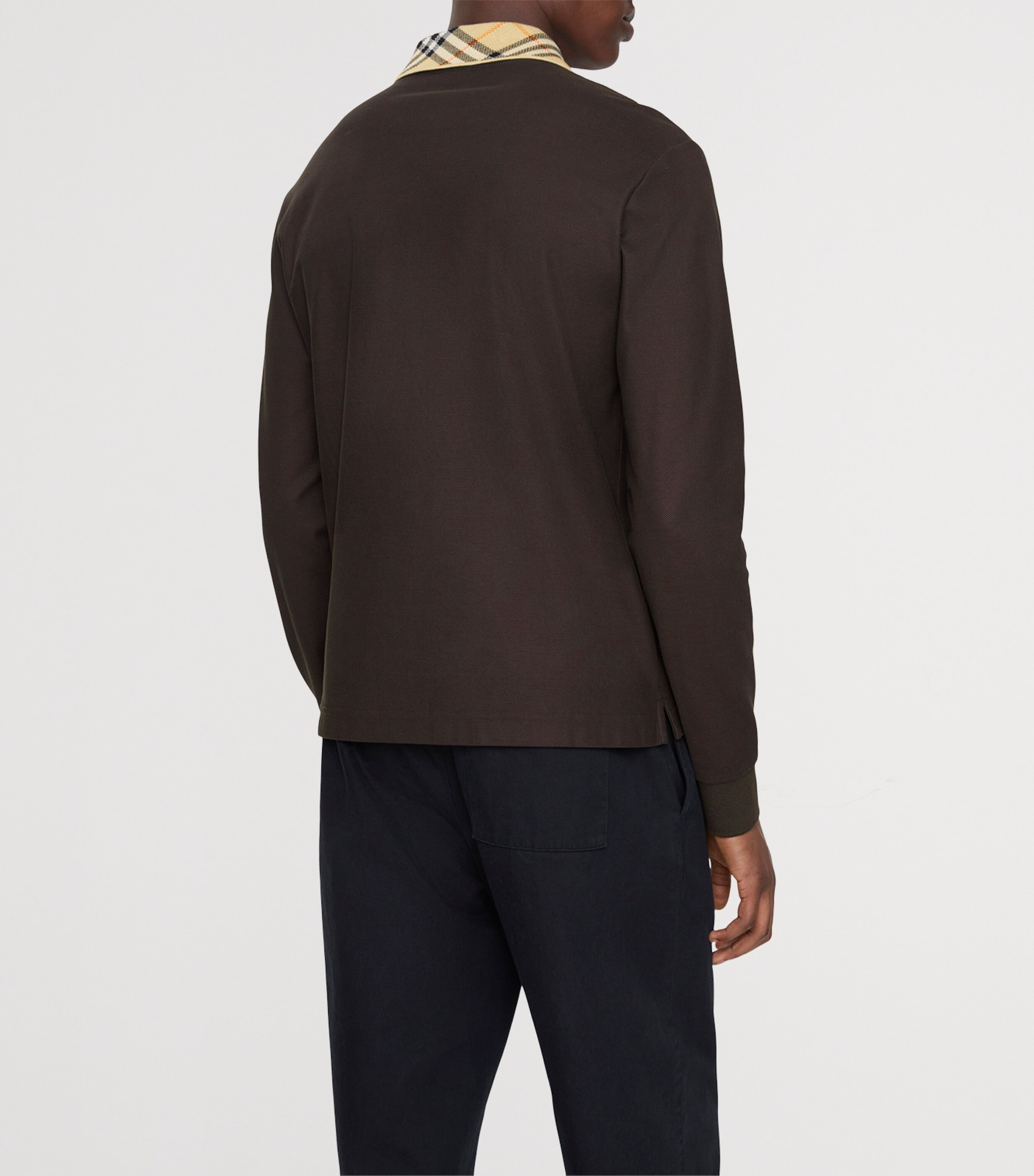 Cotton Check-Collar Long-Sleeve Polo Shirt CLOVE BROWN Image 3