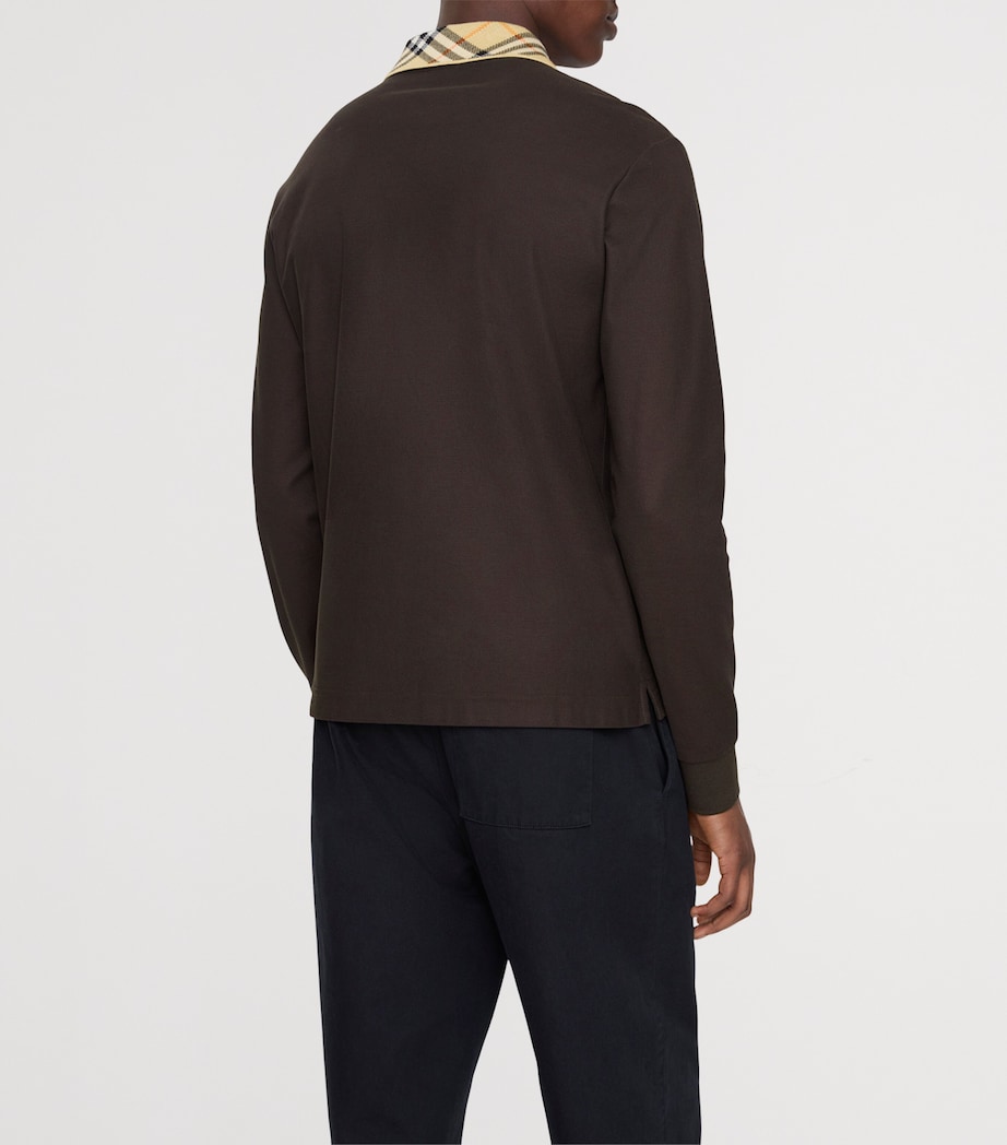 Cotton Check-Collar Long-Sleeve Polo Shirt CLOVE BROWN Image 3
