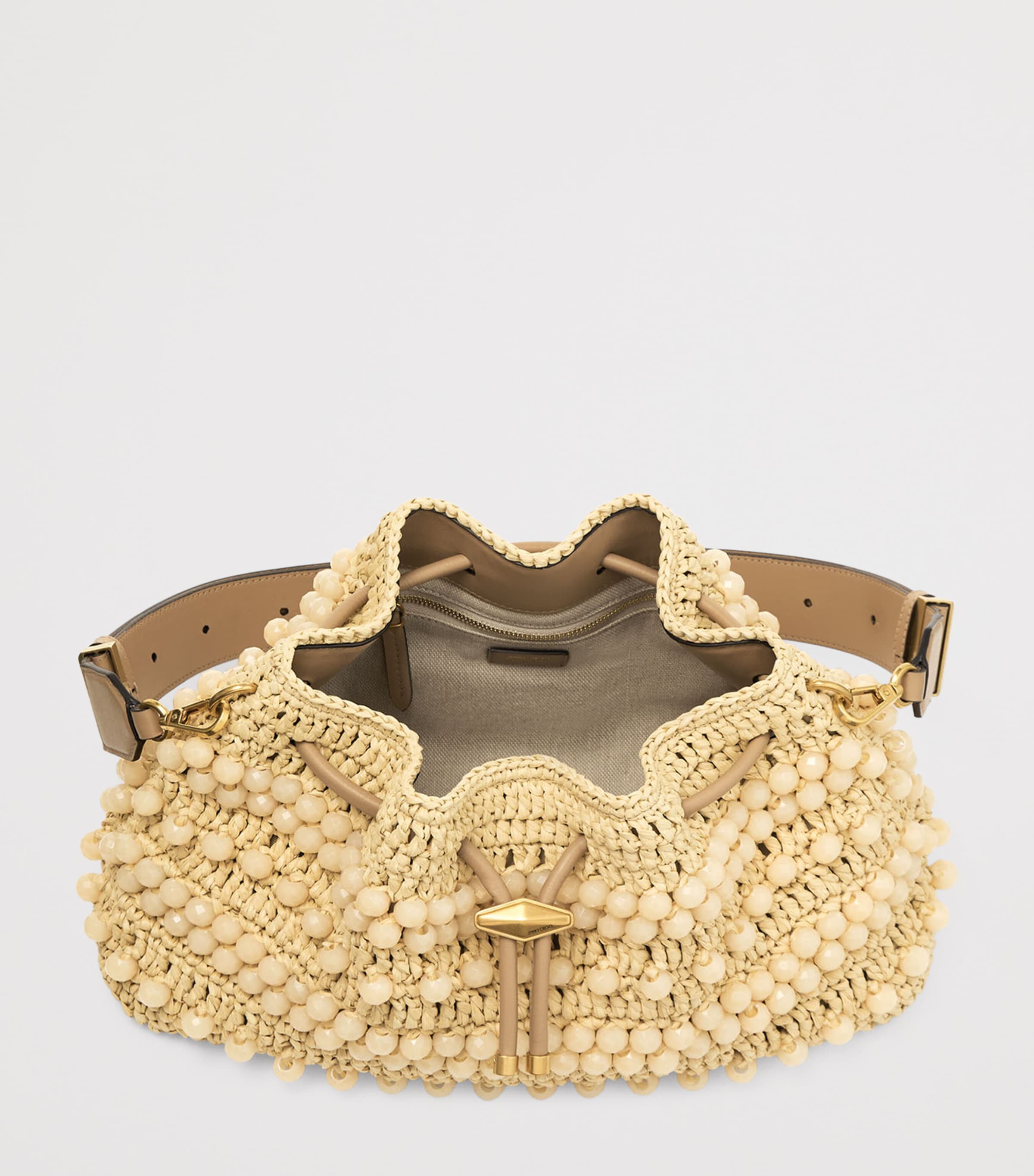 Jimmy Choo Beige Medium Cinch Raffia Beaded Bucket Bag | Harrods UK