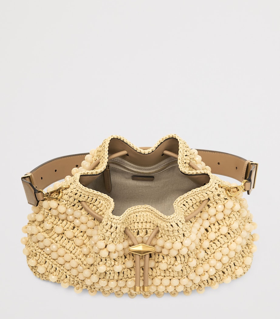 Jimmy Choo Medium Cinch Raffia Beaded Bucket Bag Natural/cappuccino/g Image 4