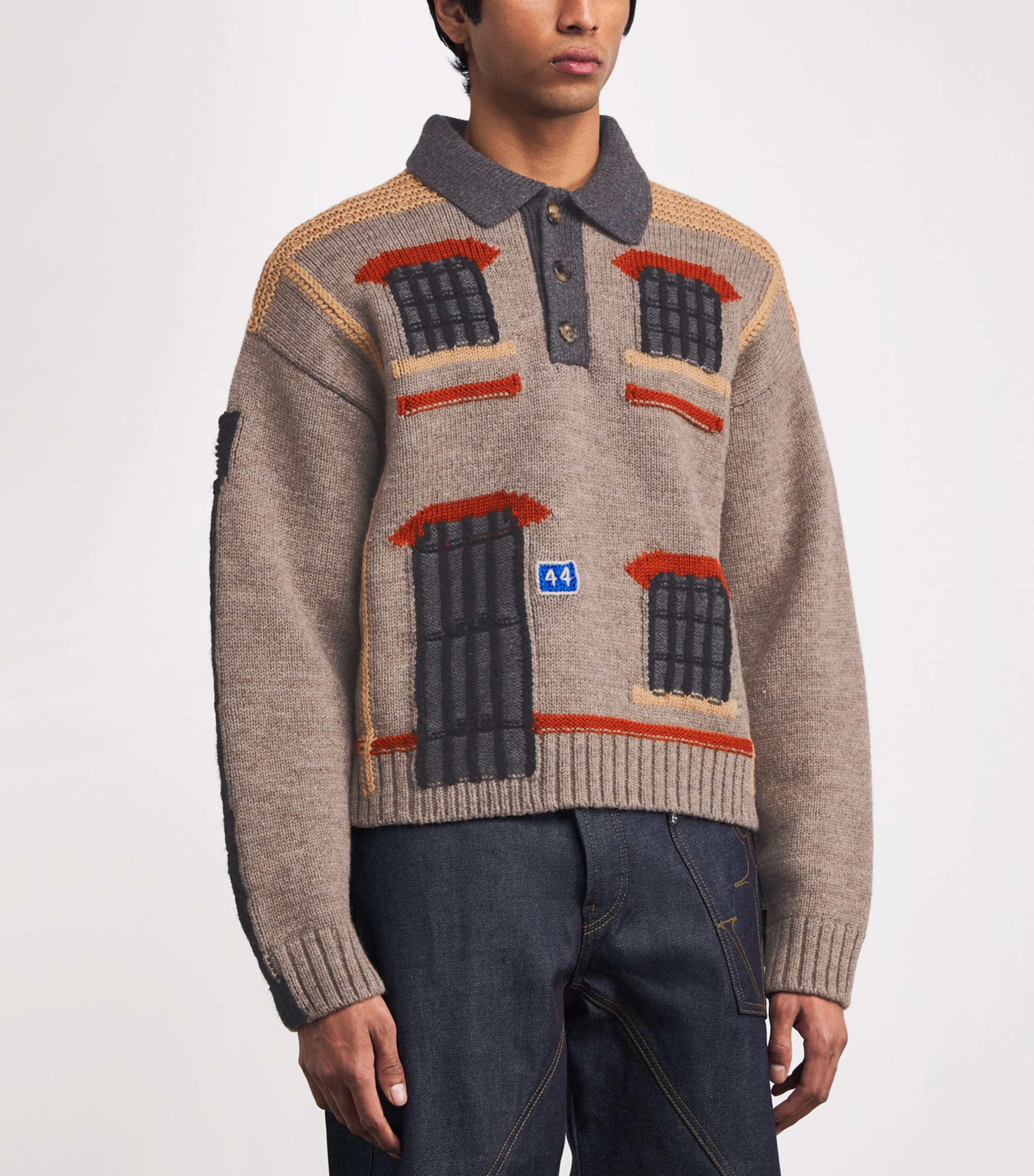 Wool Jacquard House Polo Sweater BEIGE MELANGE 133 Image 3