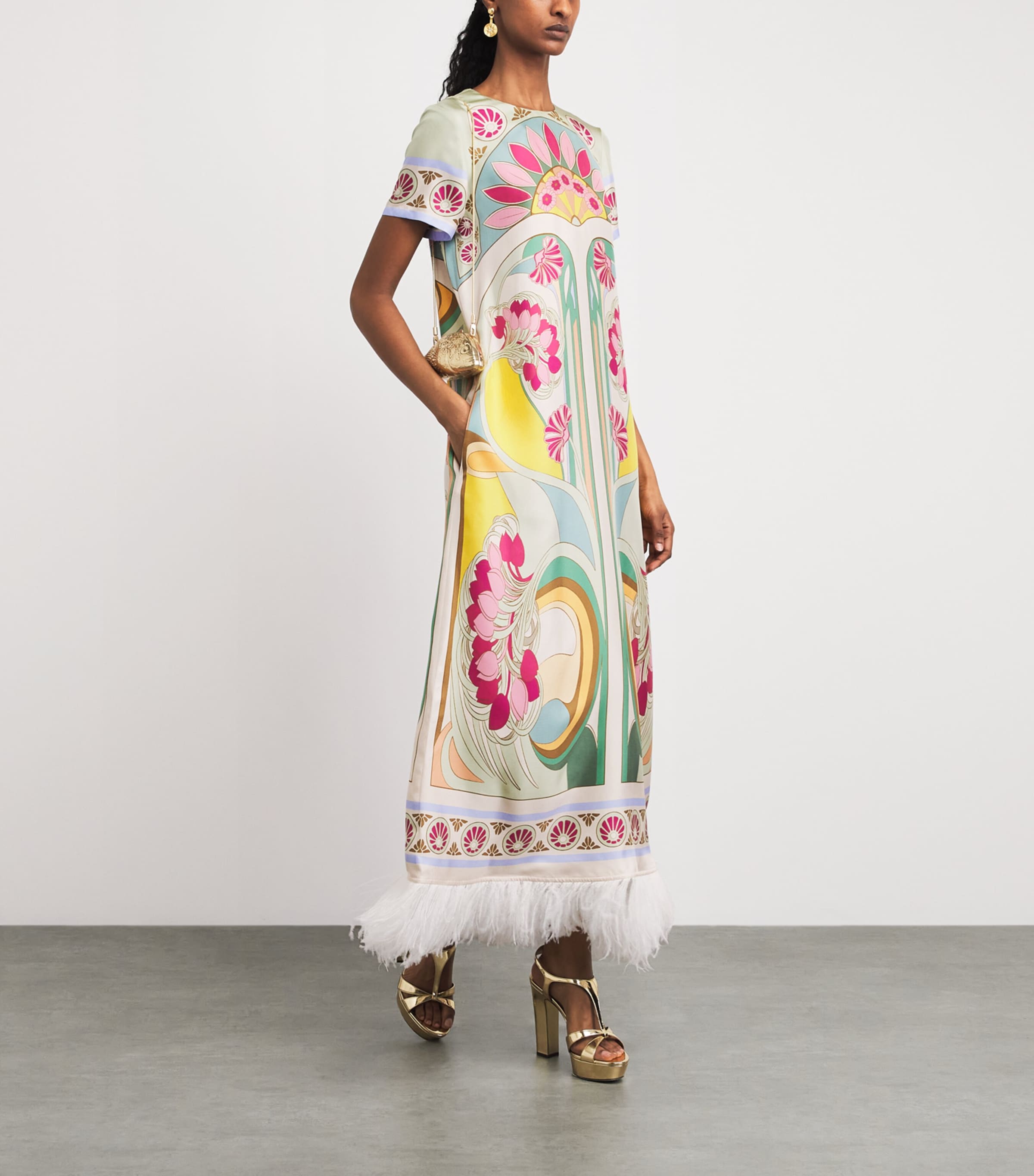 La Doublej Womens Silk Feather-Trim Swing Midi Dress Tulip Placee Image 2