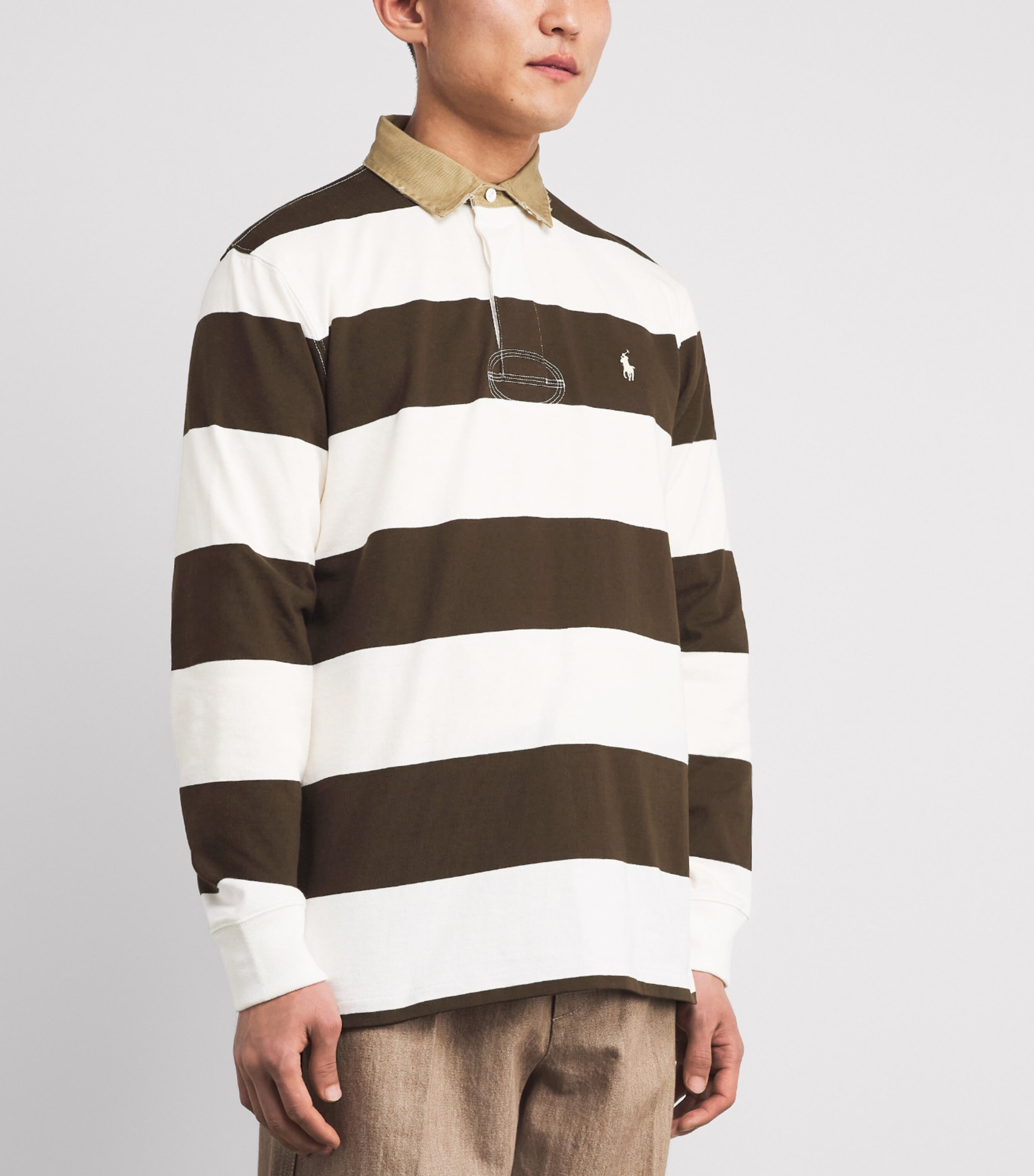 Cotton Stripe Polo Pony Rugby Shirt BROWN Image 3