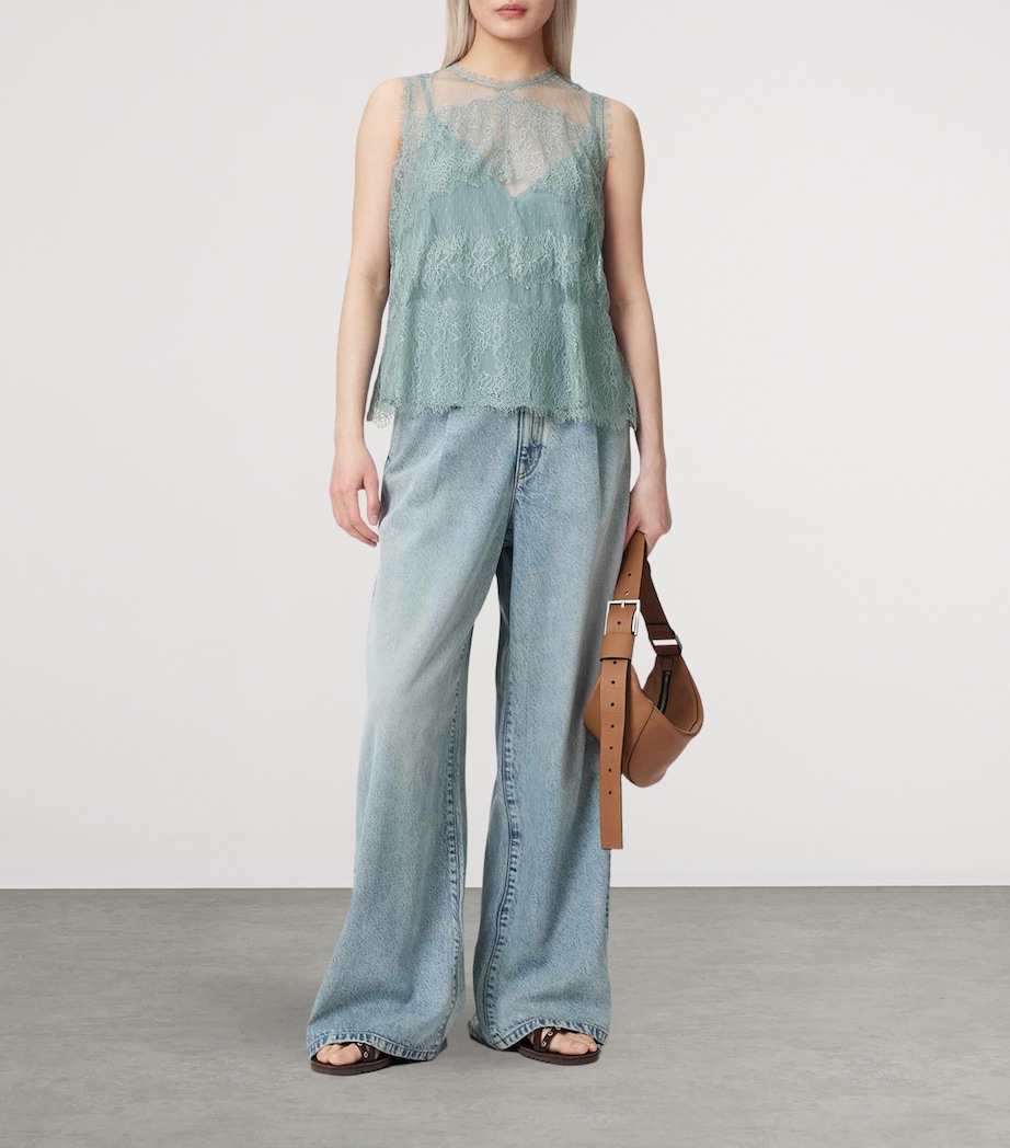 AllSaints Womens Tulle Lace-Trimmed Clara Blouse Dusty Blue Image 2
